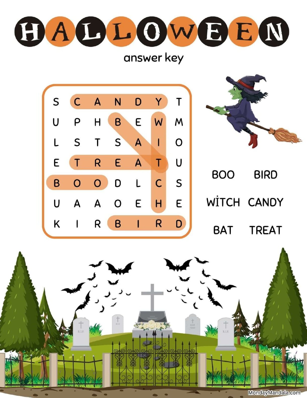 Easy Witch On A Broomstick Halloween Word Search For Kids Answer Key