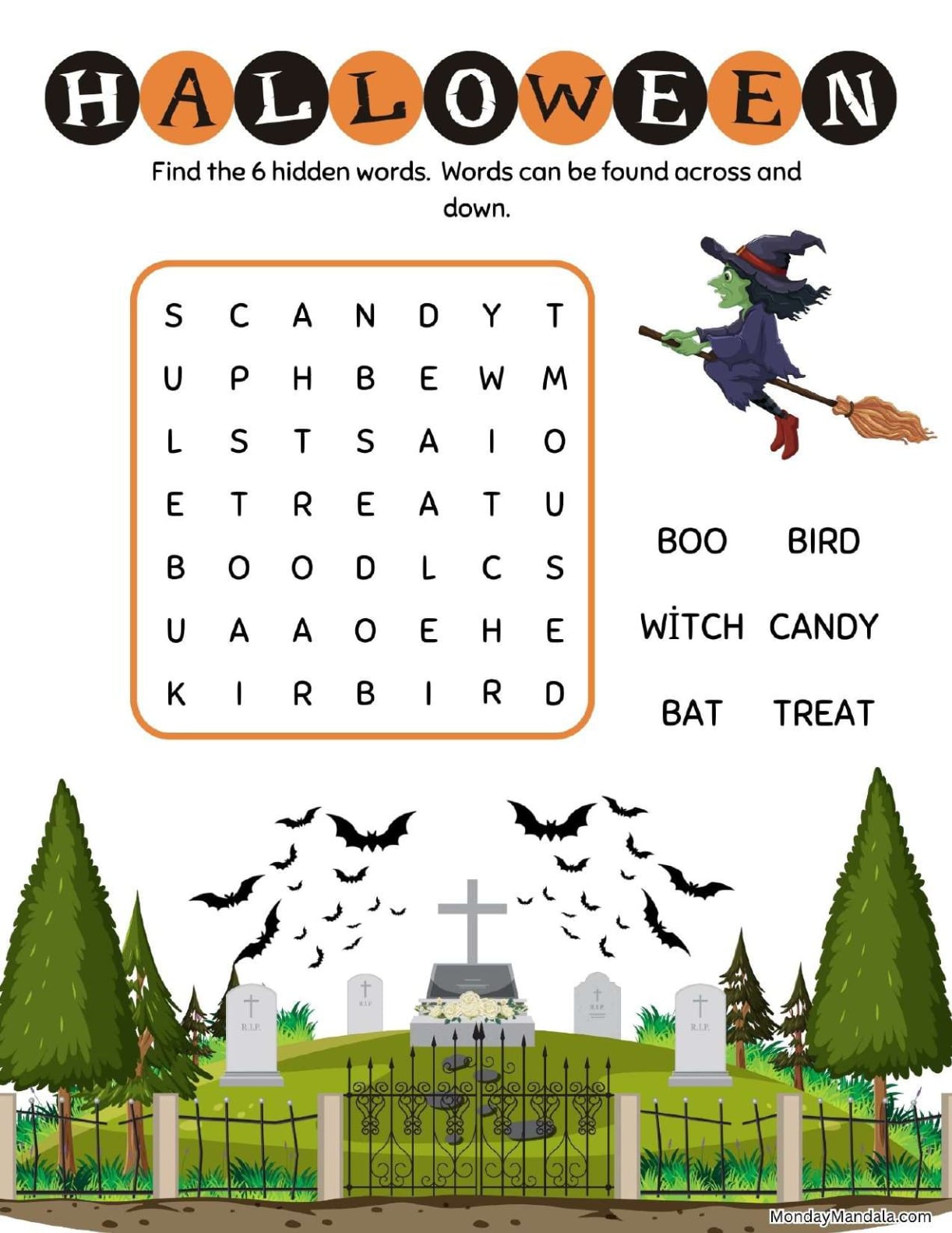 Easy Witch On A Broomstick Halloween Word Search For Kids