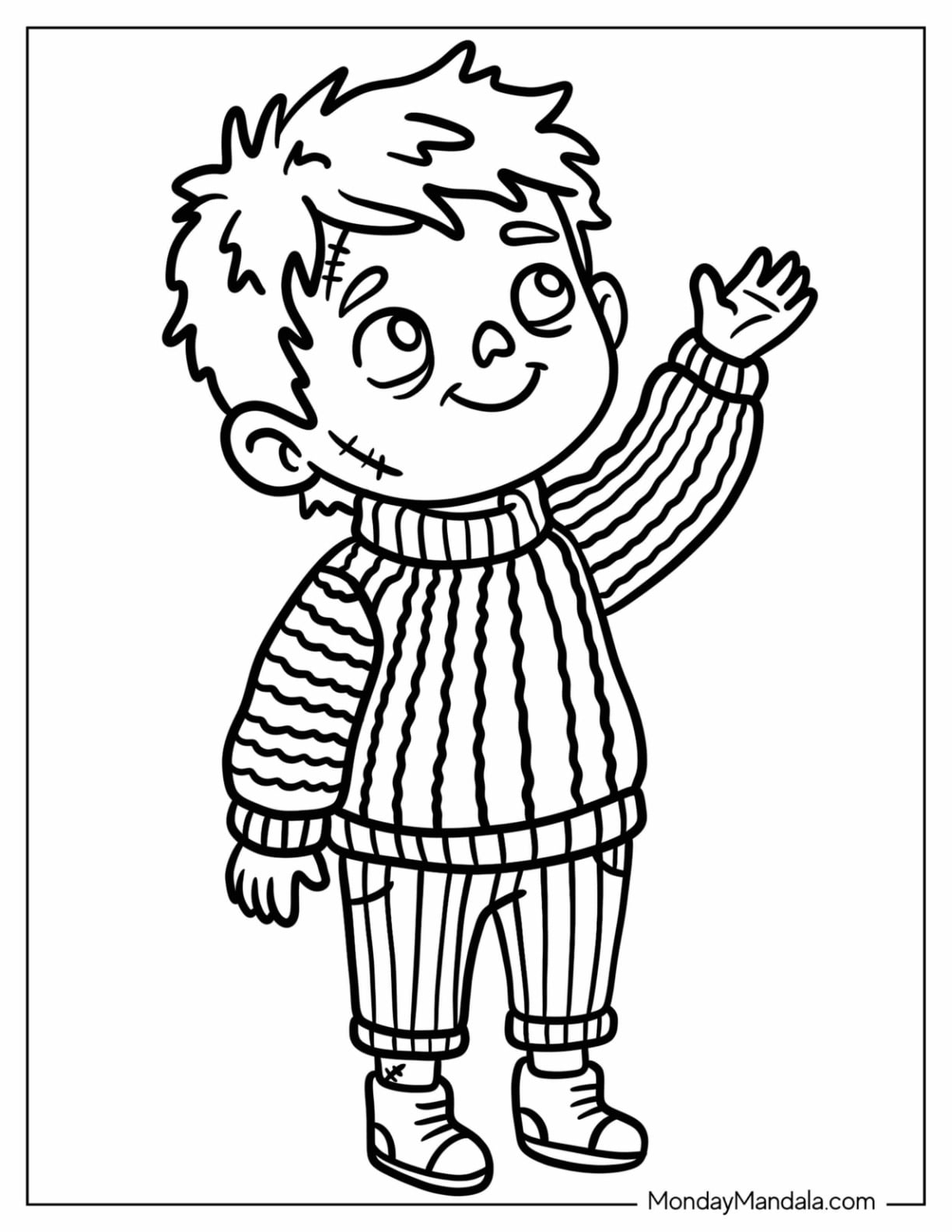 Easy Zombie Boy in Striped Sweater and Pants Coloring Page for Kids