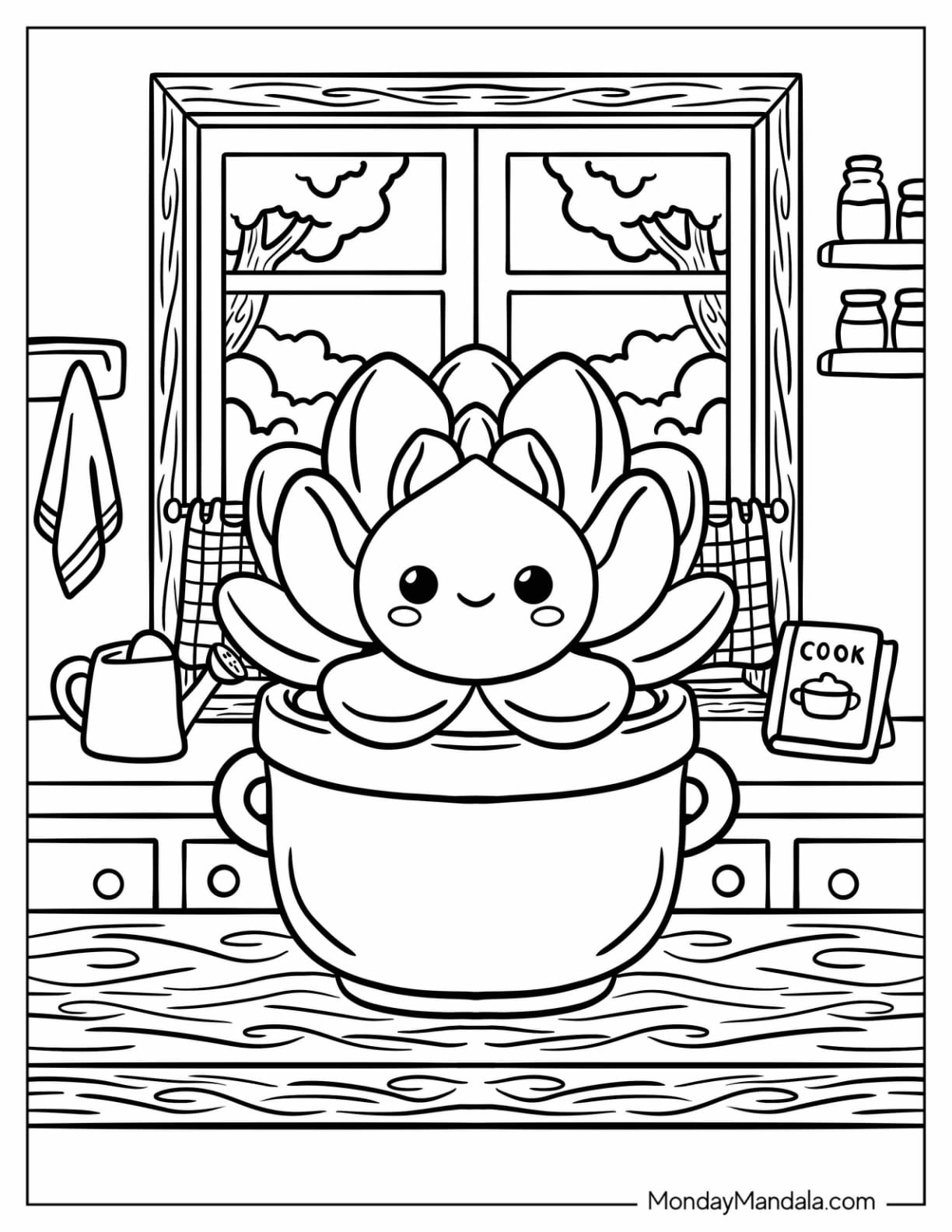 Echeveria Succulent Growing in a Kitchen Pot Coloring Page for Kids
