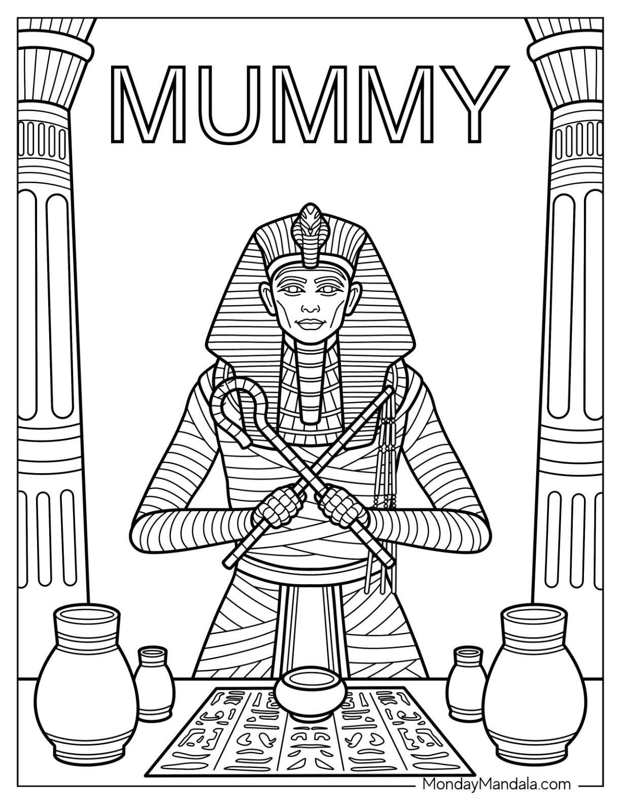 Egyptian Mummy Coloring Page Priest with Crossed Scepters in Temple Chamber