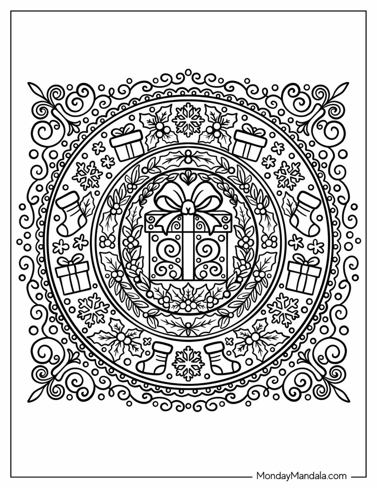 Elaborate Christmas Mandala with Presents, Hollies, and Stockings Coloring Page