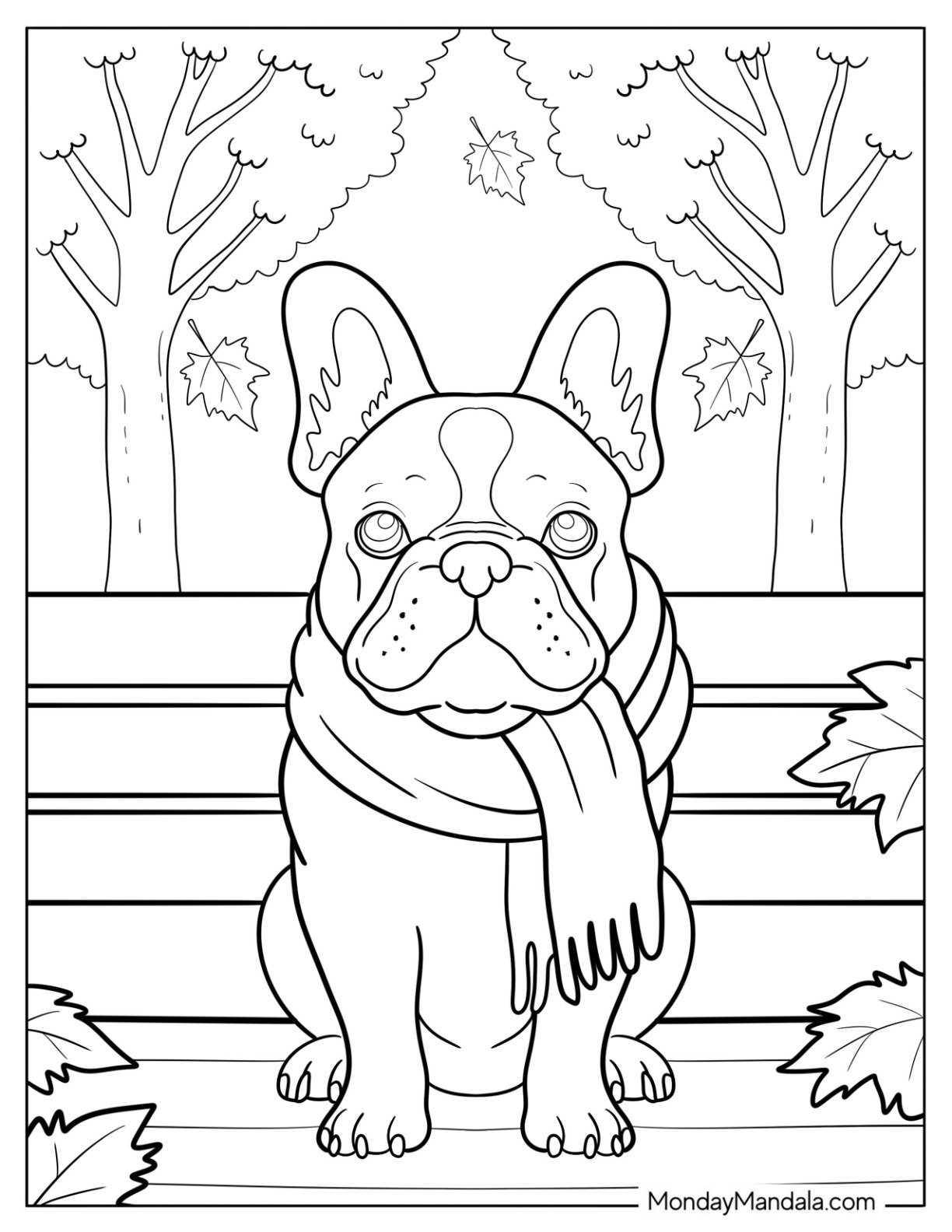 Elderly French Bulldog Coloring Page in Scarf Sitting in Bench Park