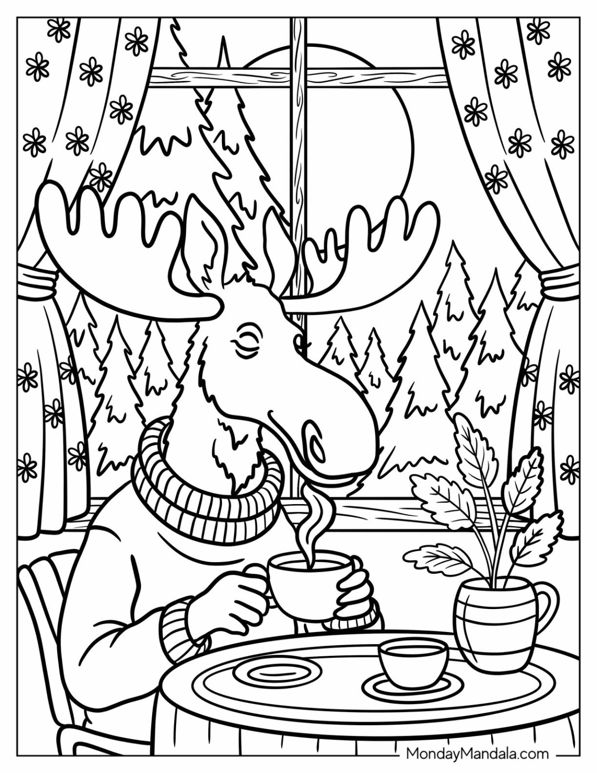 Elderly Moose Drinking Hot Coffee Beside a Window in Winter
