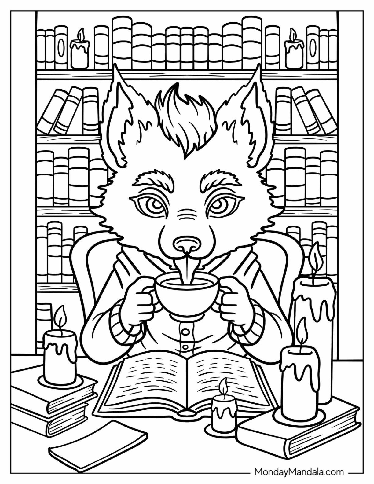 Elderly Werewolf Coloring Page Drinking Tea in a Library with Candles