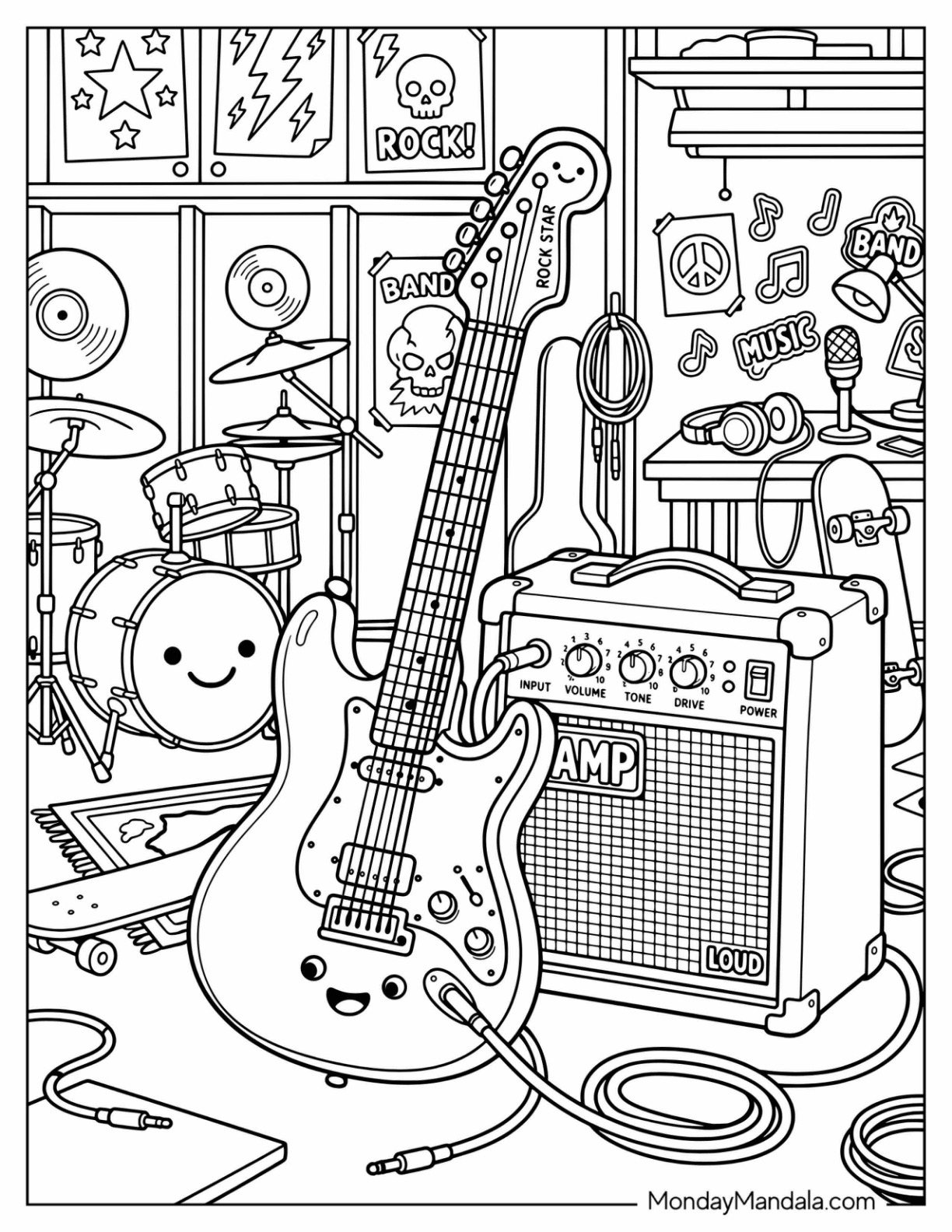 Electric Guitar with Amp and Drum Set Coloring Page