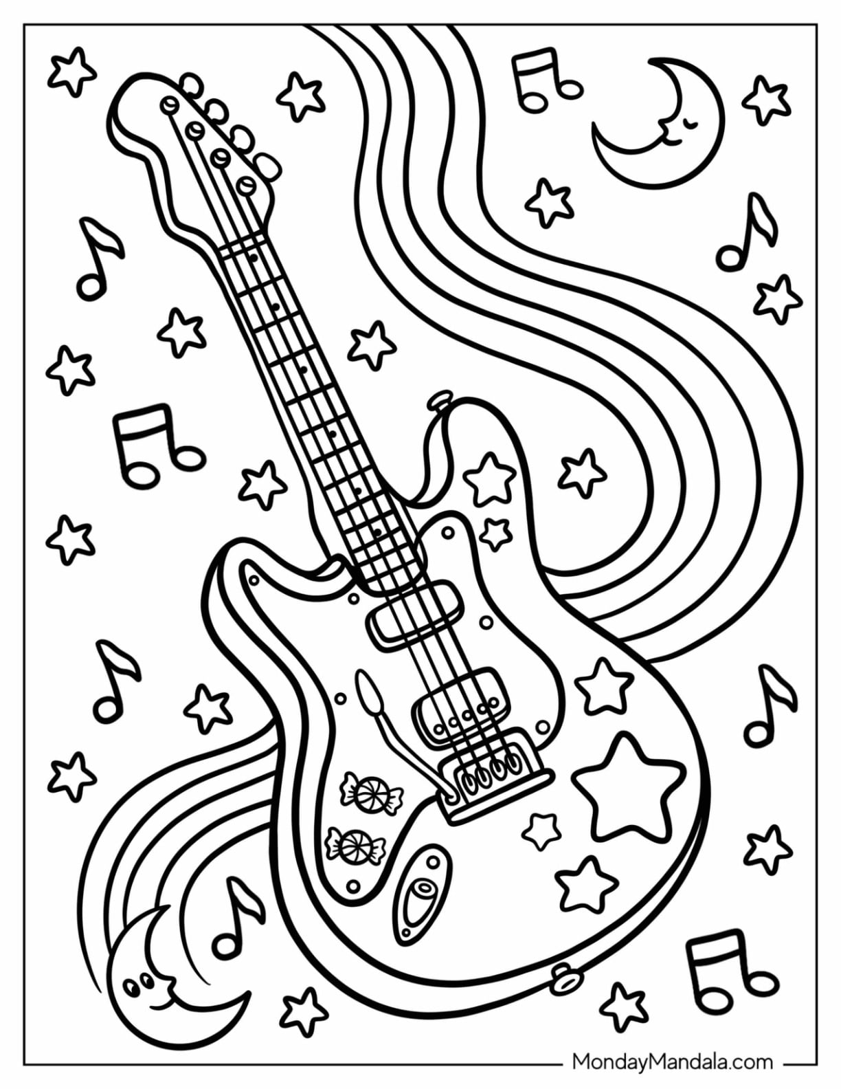Electric Guitar Coloring Page with Music Notes and Stars