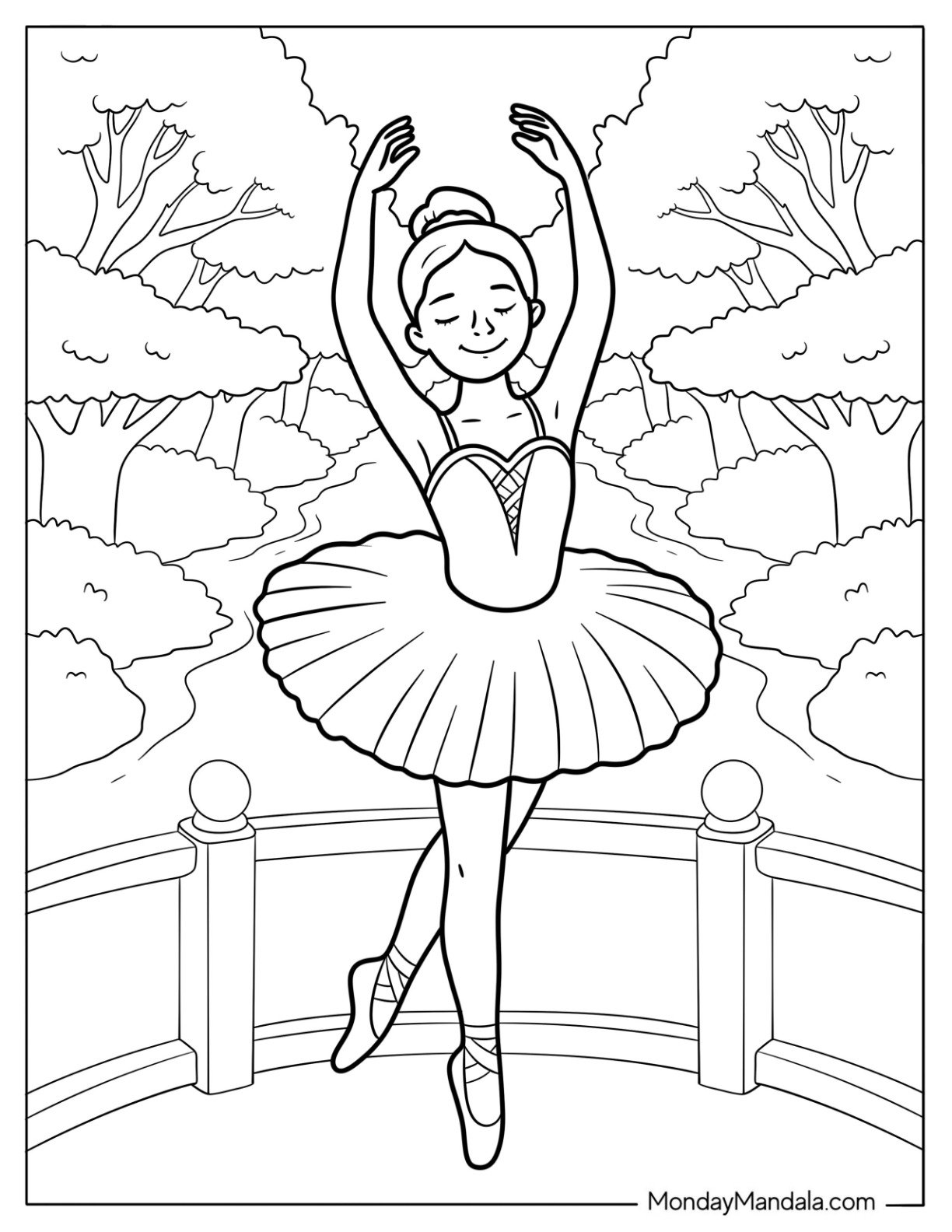 Elegant Ballerina Coloring Page Dancing on a Garden Balcony