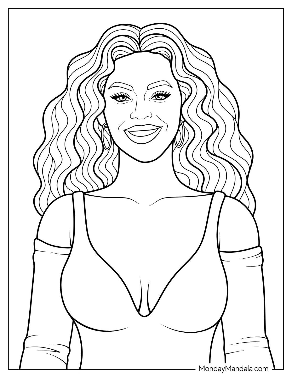 Elegant Beyoncé Coloring Page Portrait With Hoop Earrings and Flowing Hair for Kids