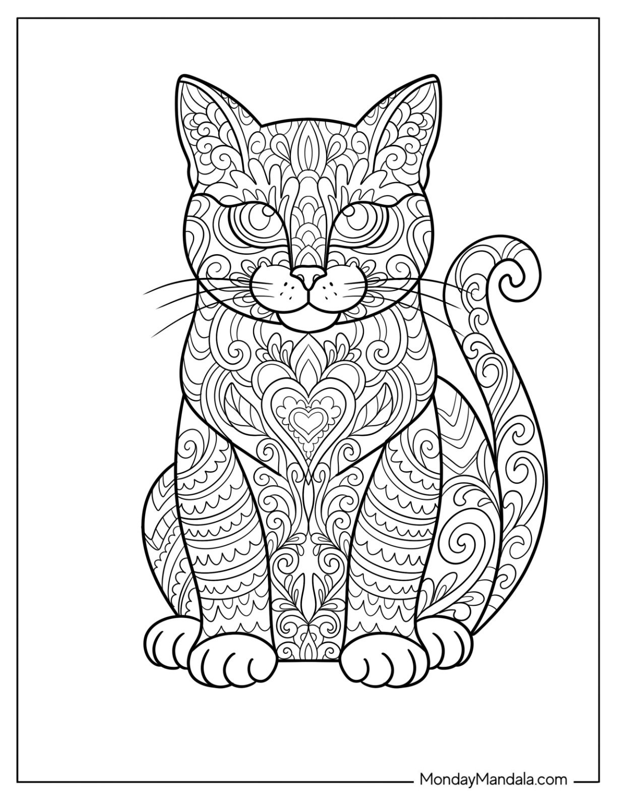 Elegant Cat Coloring Page Sitting Upright with Decorative Ornamental Mandala