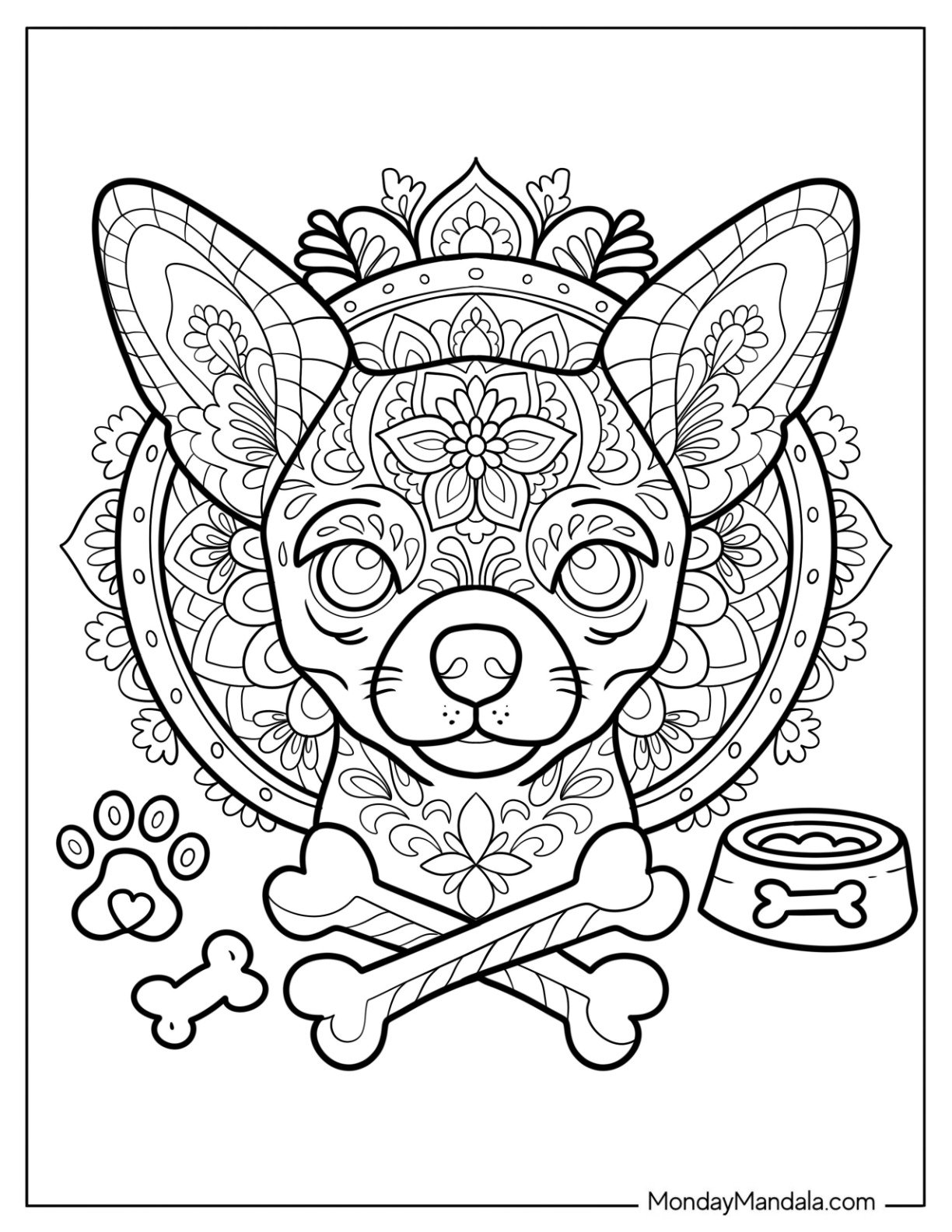 Elegant Chihuahua Coloring Page Mandala with Floral Patterns