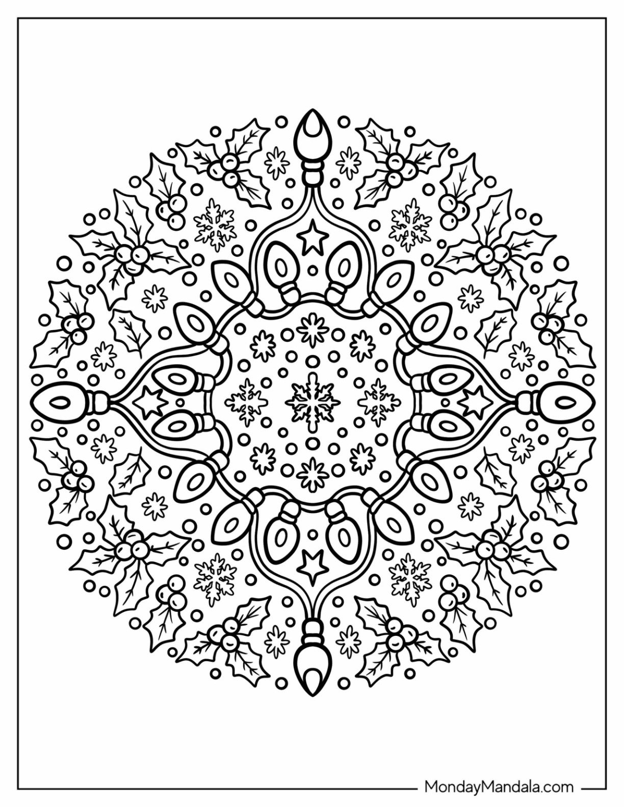 Elegant Christmas Lights Coloring Page Mandala with Hollies