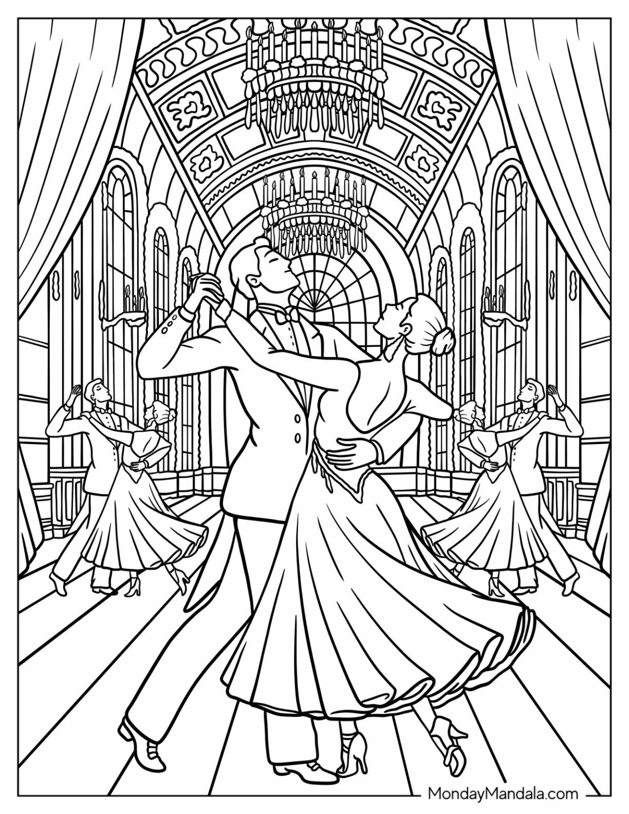 Elegant Couple Waltzing Gracefully in a Grand Ballroom Dancing Coloring Page