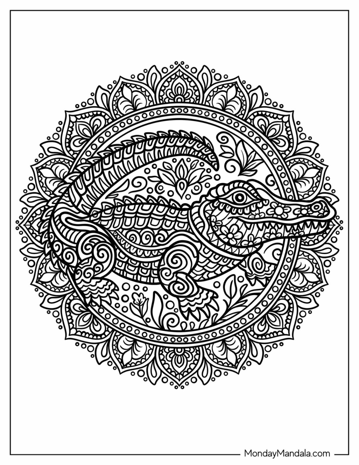 Elegant Crocodile Coloring Page with Flower Patterns