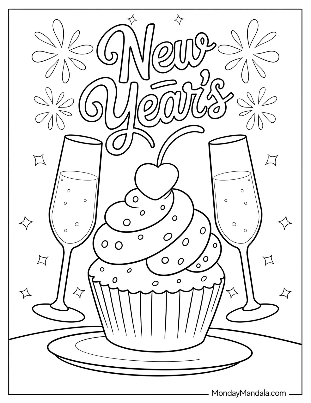 Elegant Cupcake Coloring Page on Plate with Cherry and Champagne Toast on New Year