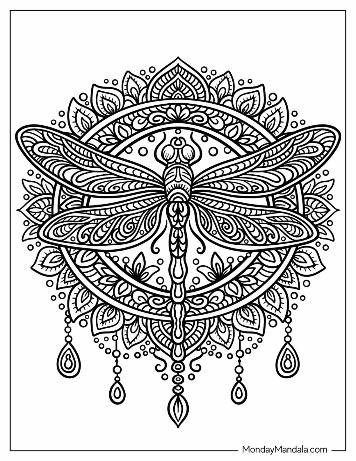 Elegant Dragonfly Coloring Page with Intricate Patterns Mandala