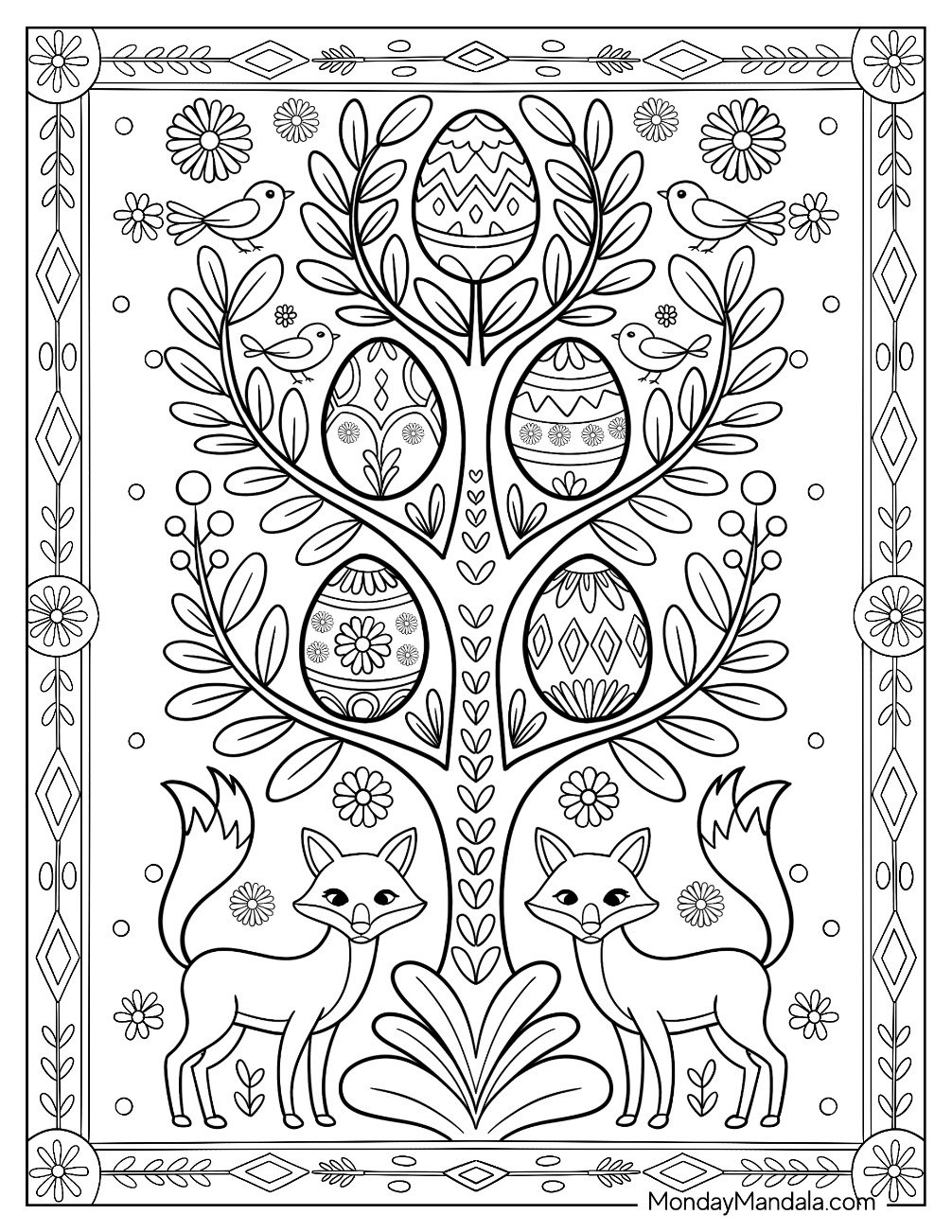 Easter For Adults Coloring Page of Elegant Easter Egg Tree with Foxes