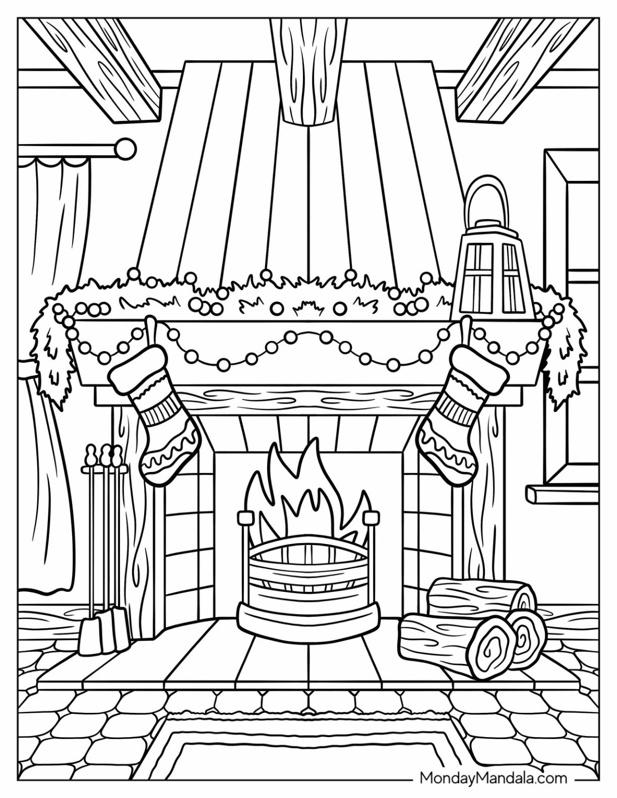 Elegant Fireplace Coloring Page Decorated With Christmas Garland