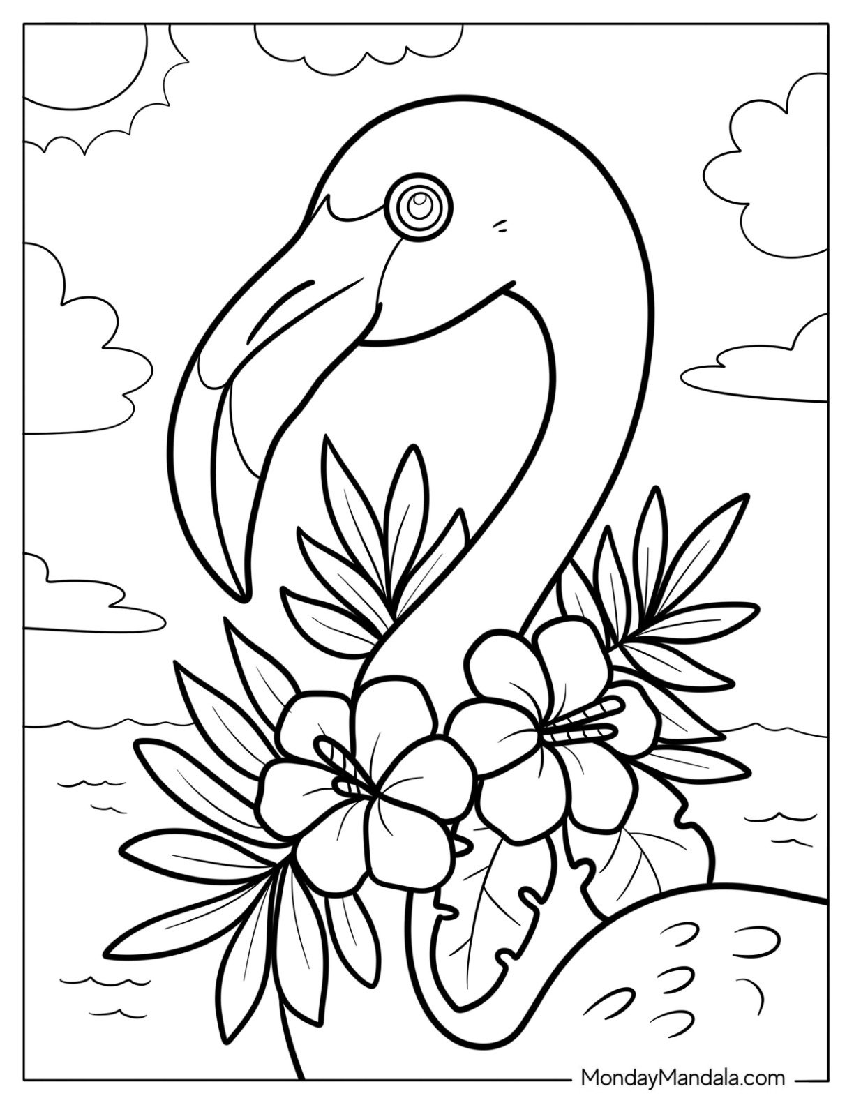 Elegant Flamingo With Hibiscus Flowers in a Hawaiian Paradise