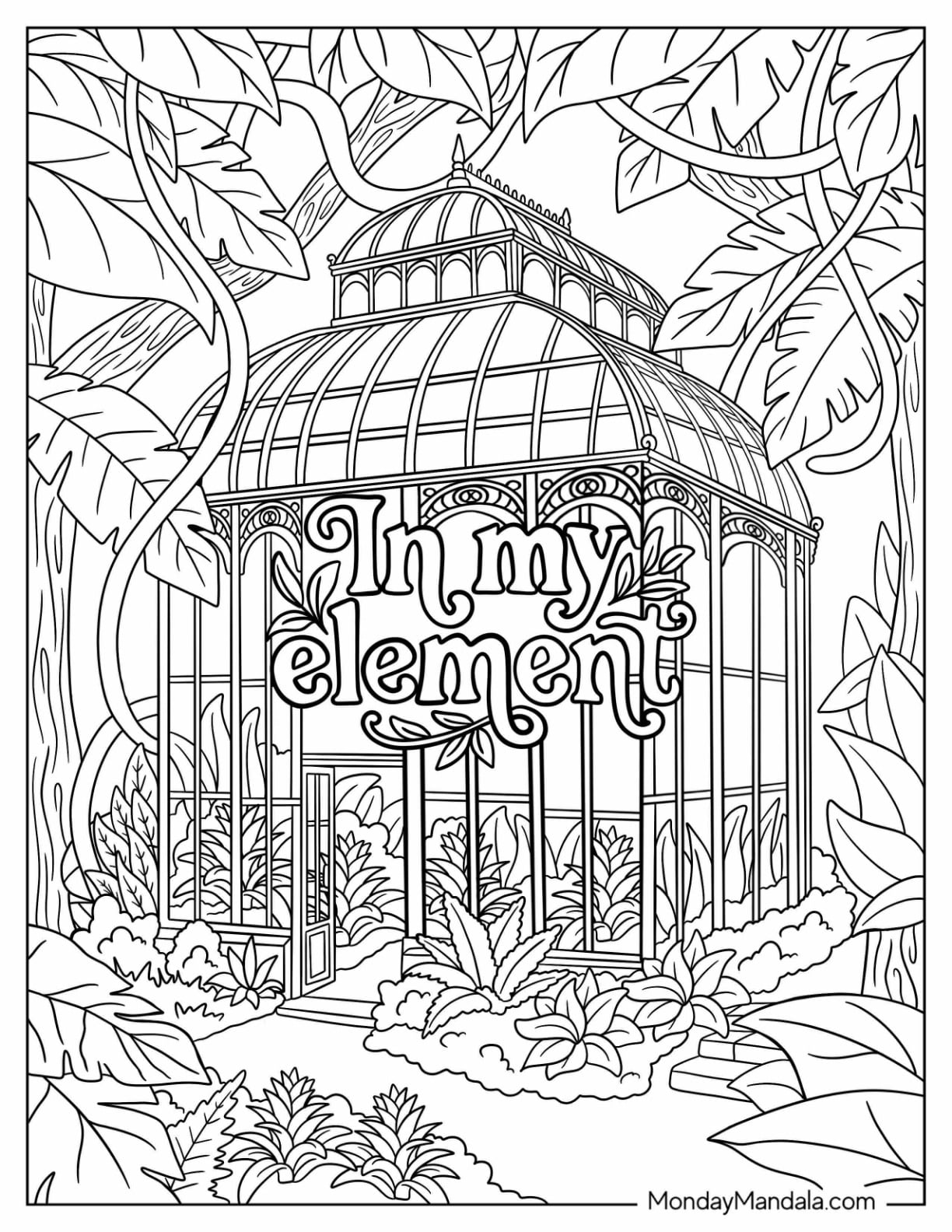 Elegant Glass Greenhouse with Quote Coloring Page for Adults