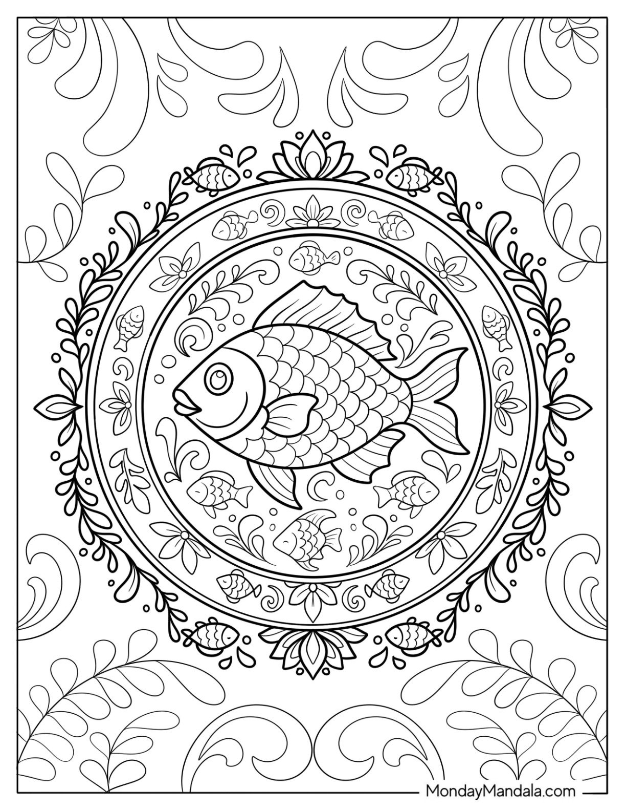 Fish Coloring Page of Elegant Goldfish Mandala With Leafy Patterns