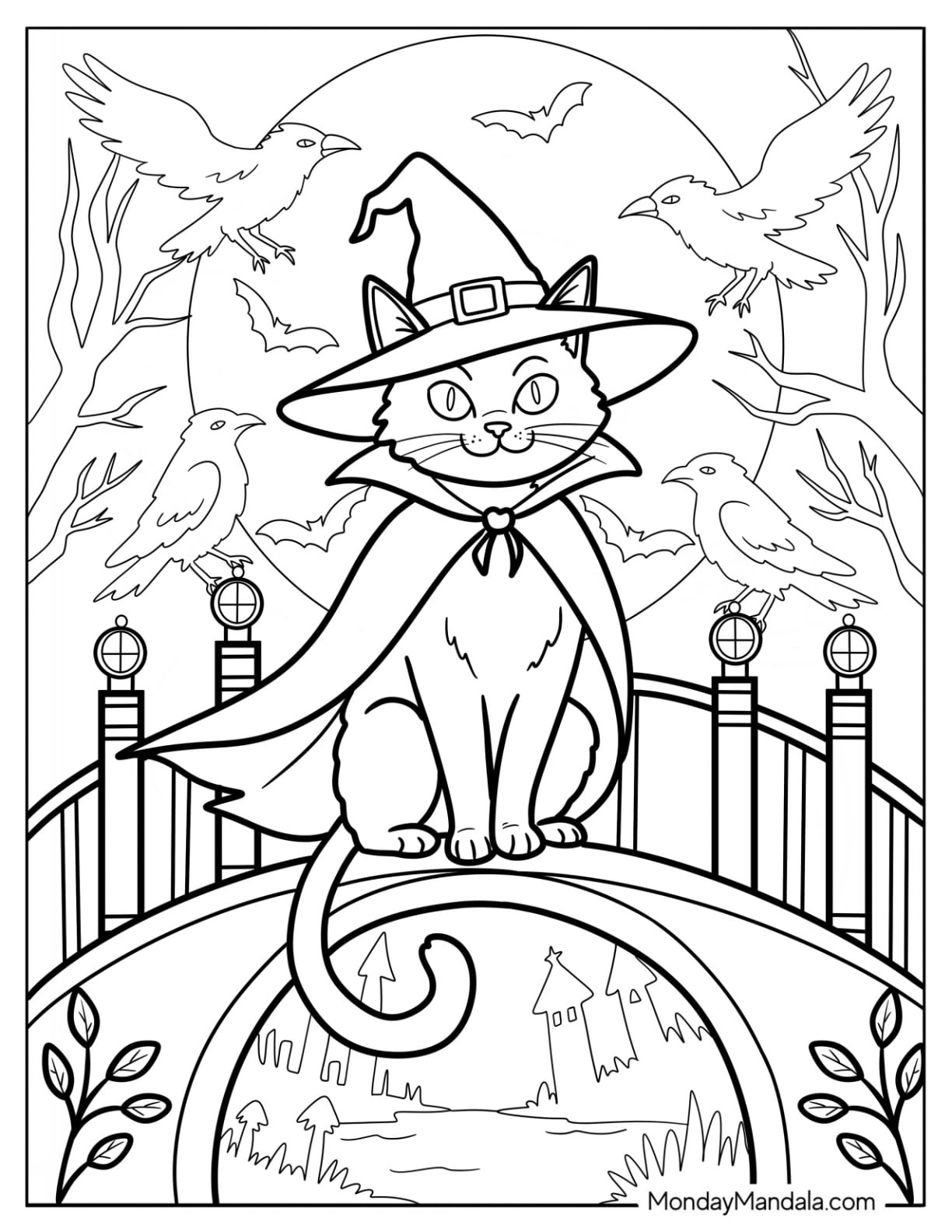 Elegant Halloween Cat Coloring Page Sitting on a Bridge with Crows