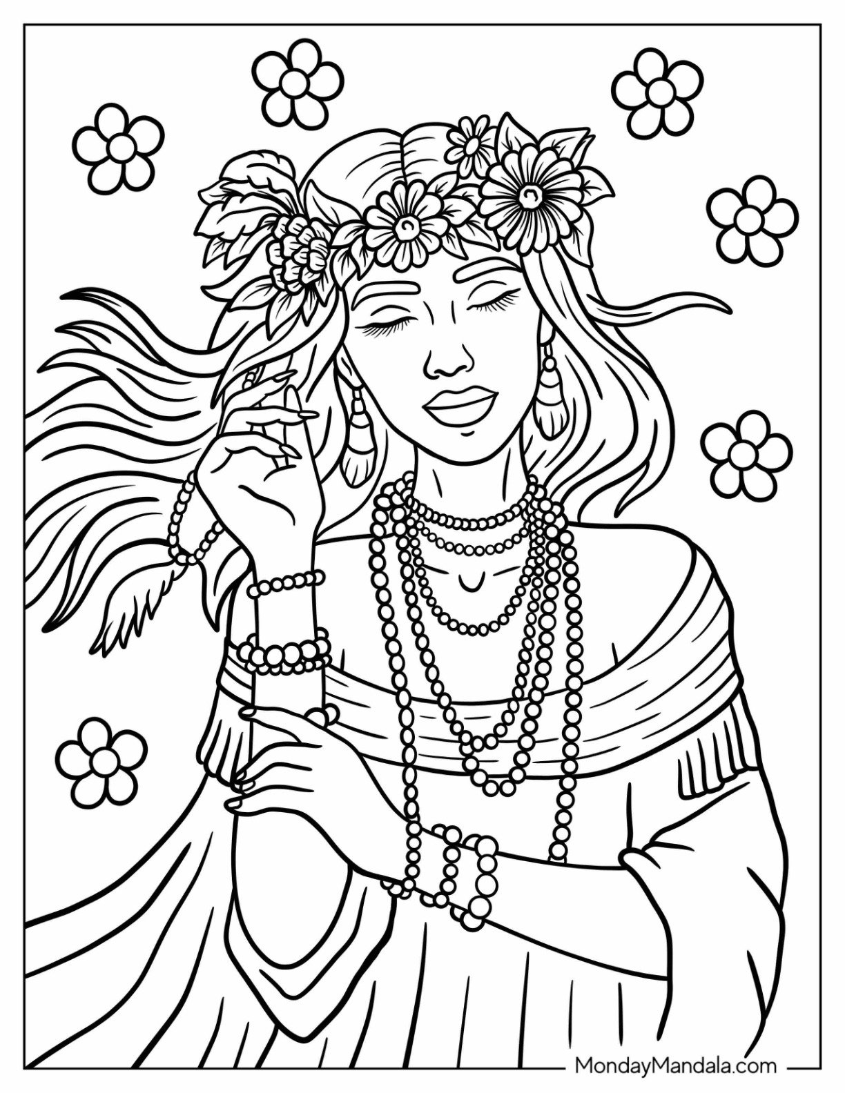 Elegant Hippie Girl with Pearls and Flower Crown Coloring Sheet for Kids