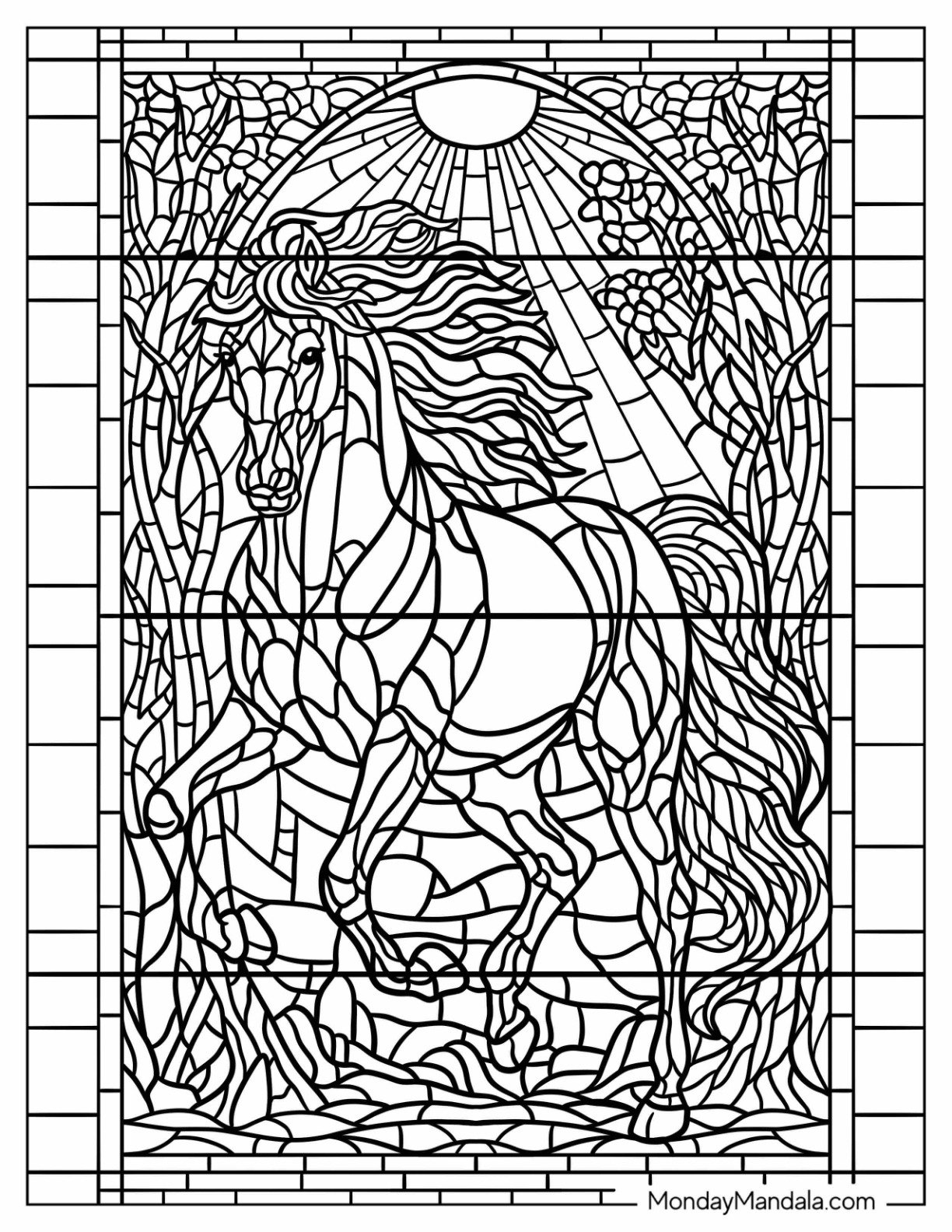 Elegant Horse Coloring Page with Flowing Main Trotting Under the Sun Stained Glass