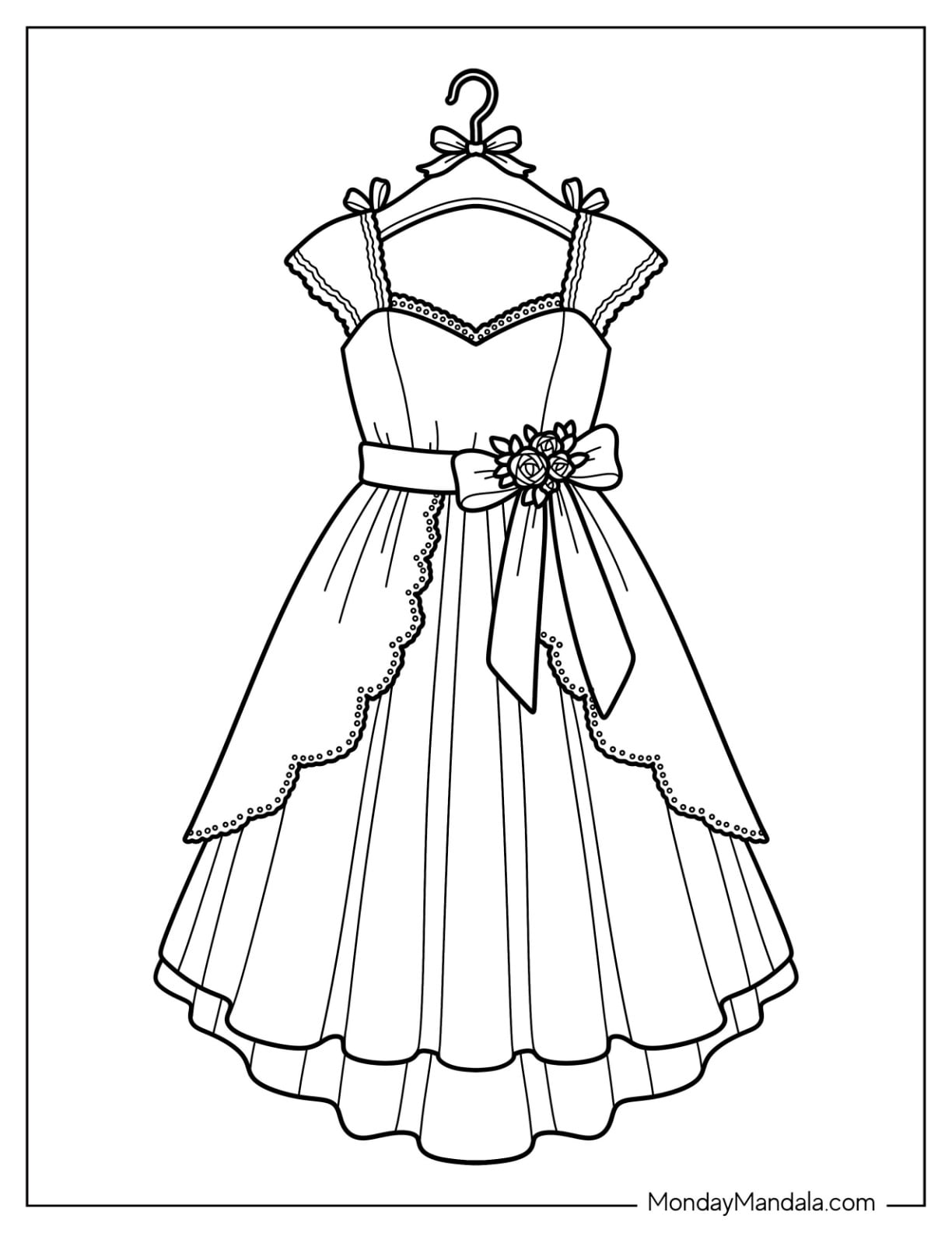Elegant Layered Dress with Floral Sash Coloring Page