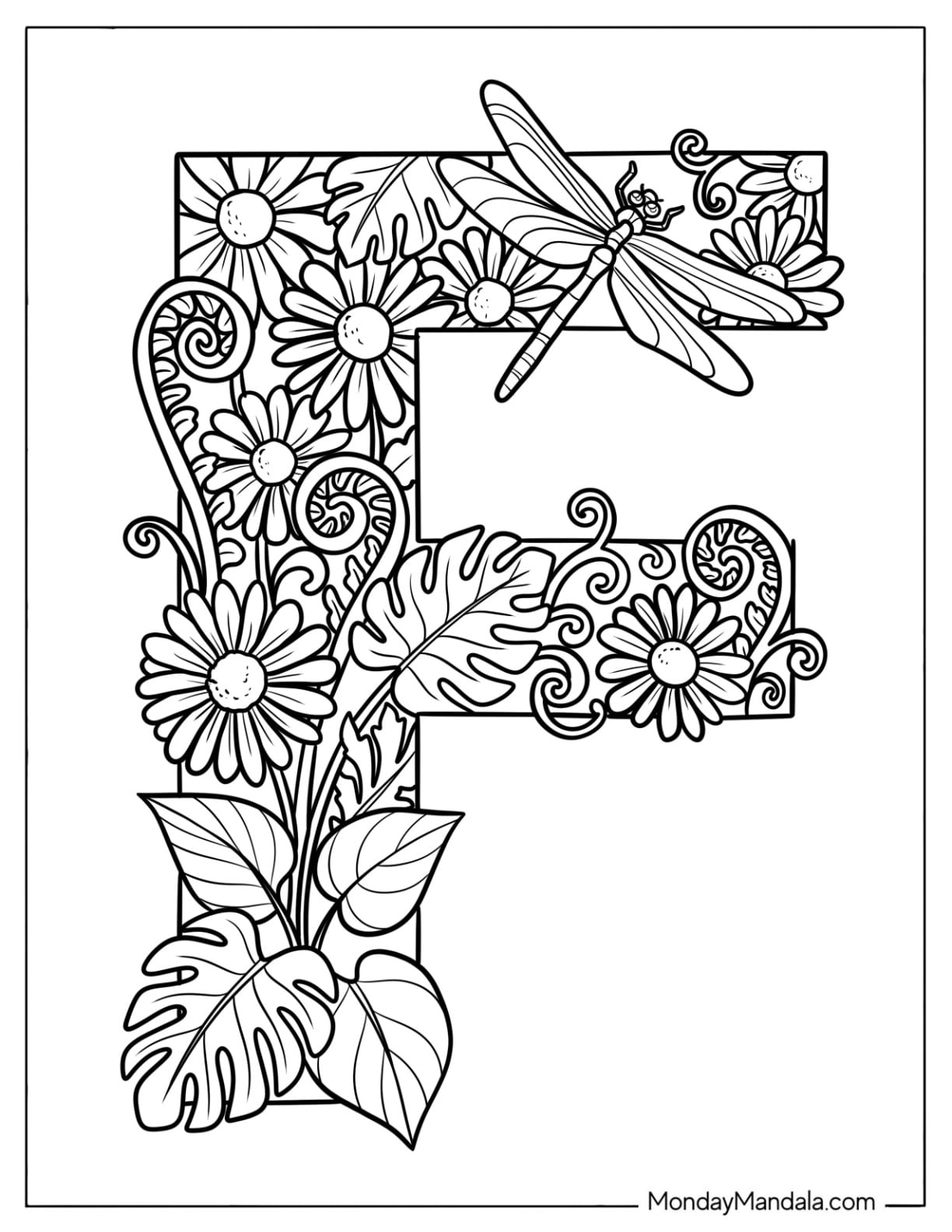 Elegant Letter F Coloring Page with Flowers, Leaves, and Dragonflies