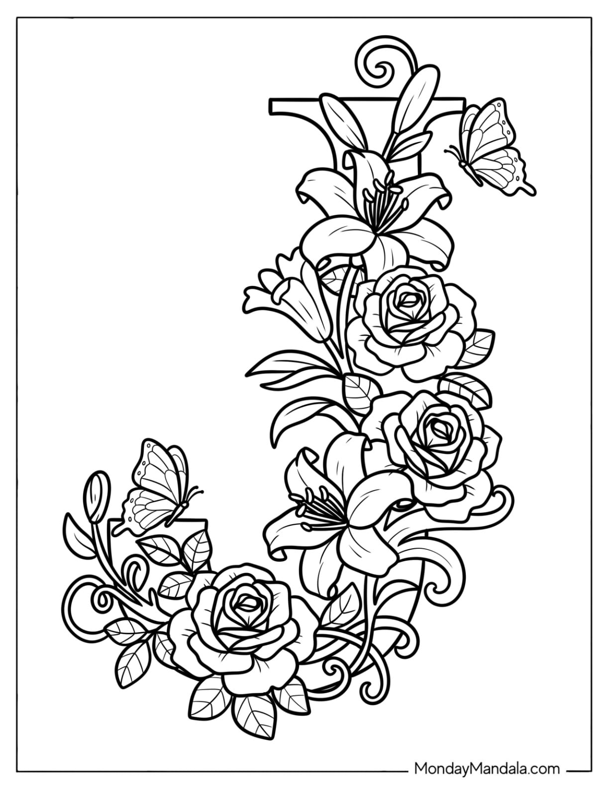 Elegant Letter J Coloring Page Covered in Flowers