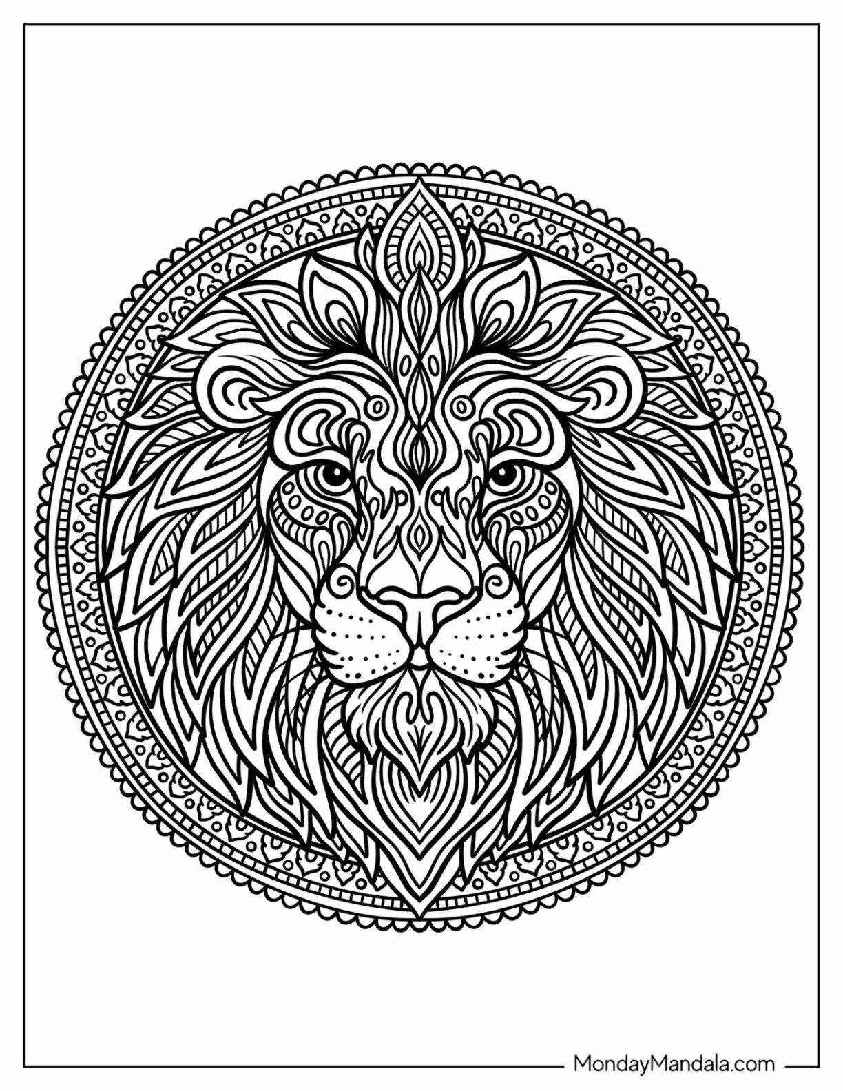 Elegant Lion Coloring Page Mandala with Patterned Mane