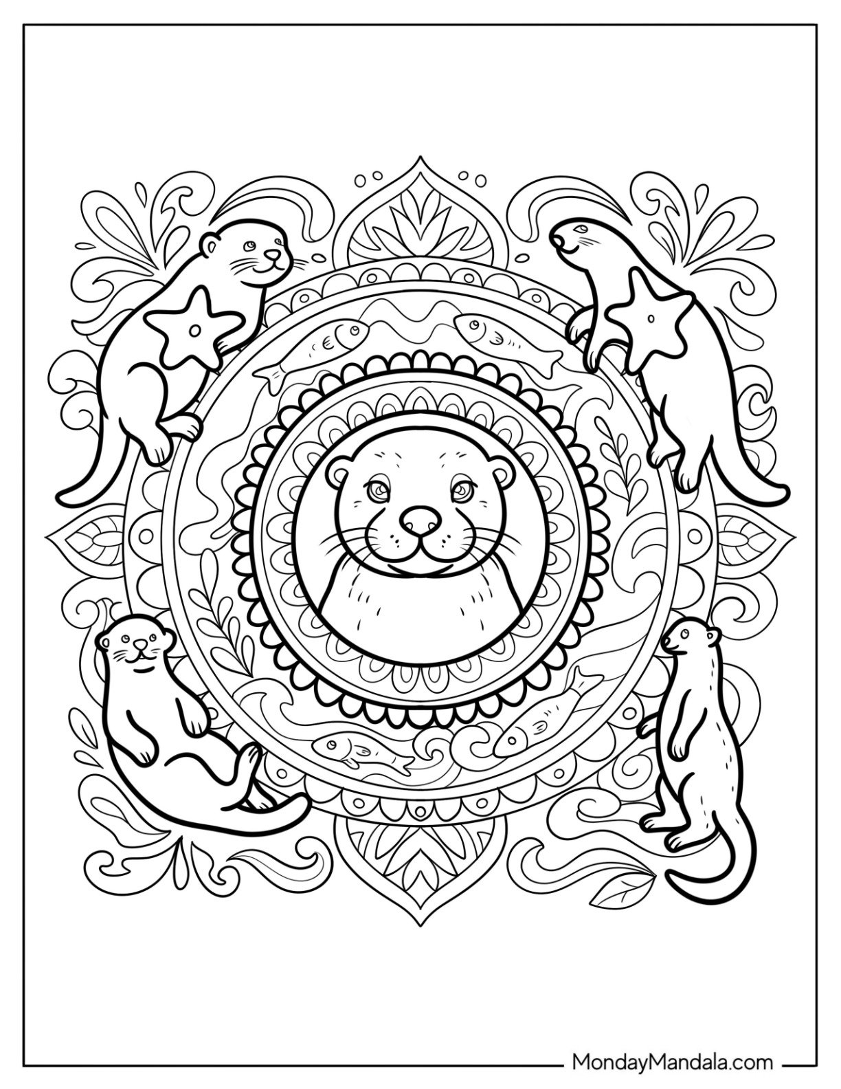 Elegant Otter Coloring Page Mandala with Floral Patterns and Fish