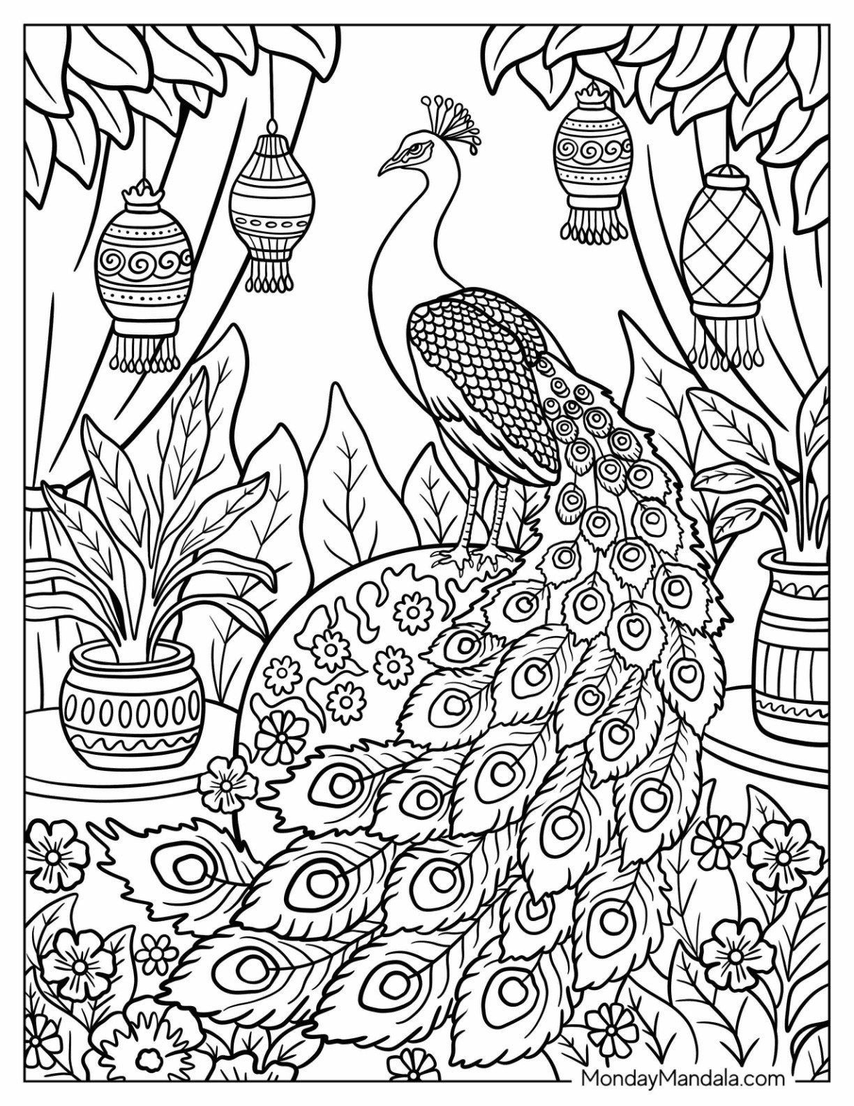 Elegant Peacock Coloring Page Among Hanging Lanterns And Potted Plants