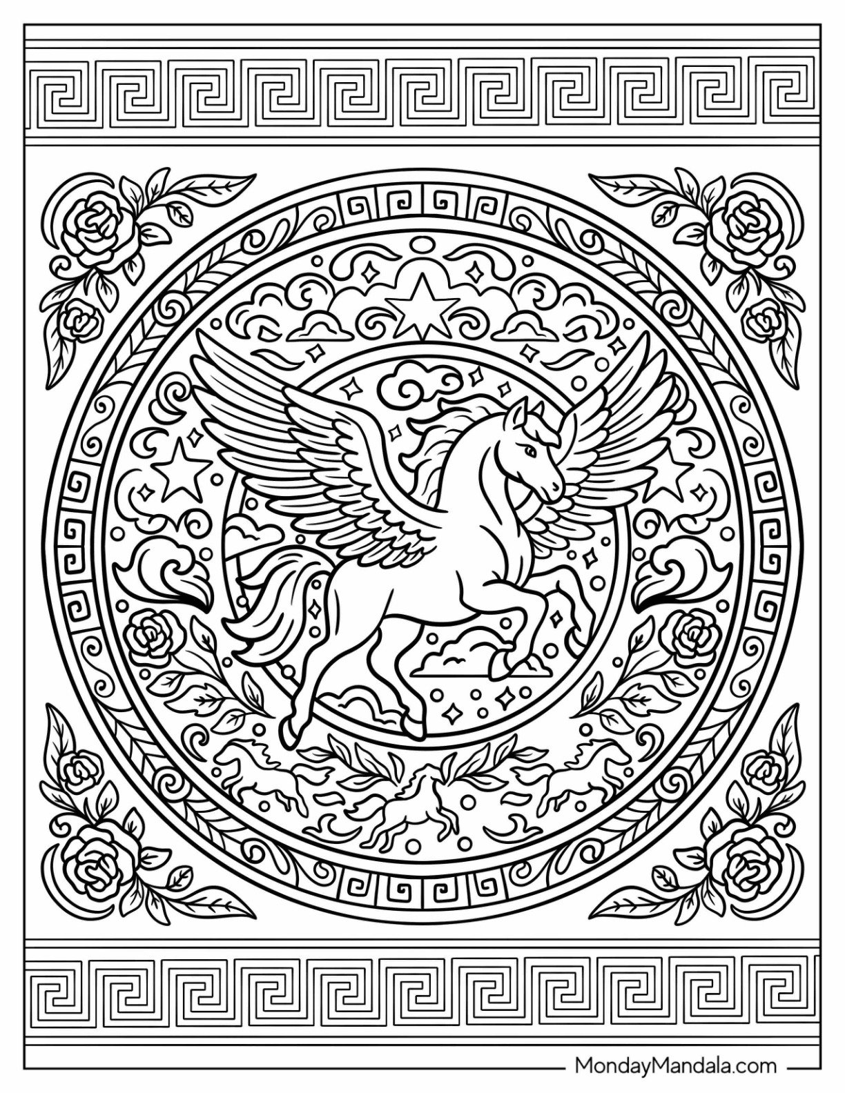 Elegant Pegasus Coloring Page in Ornate Mandala Frame for Adults