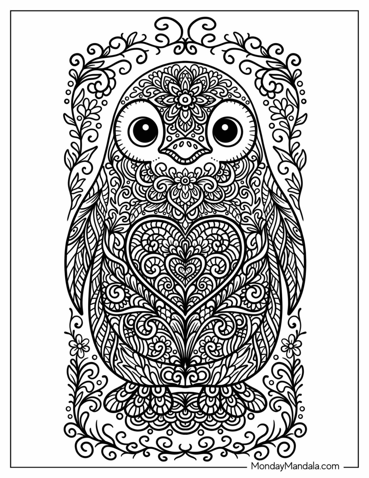 Elegant Penguin Coloring Page Mandala with Intricate Patterns