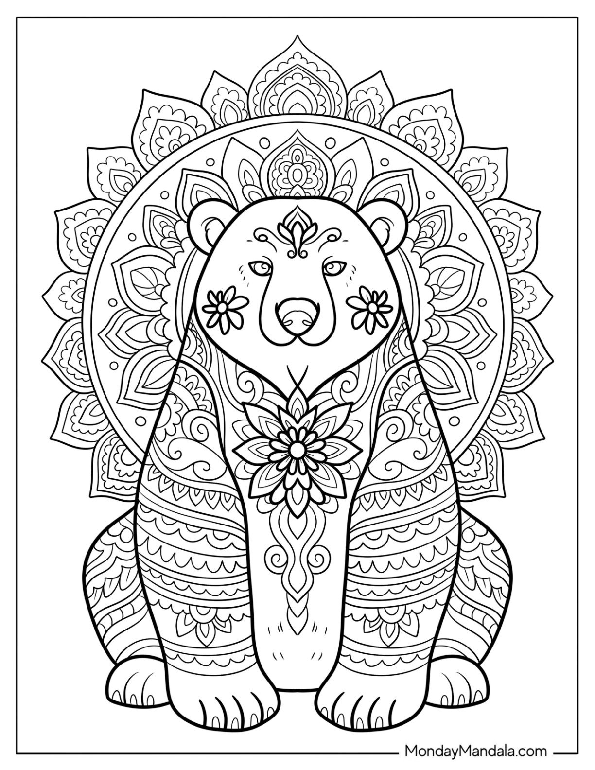 Elegant Polar Bear Coloring Page Mandala with Flower Patterns