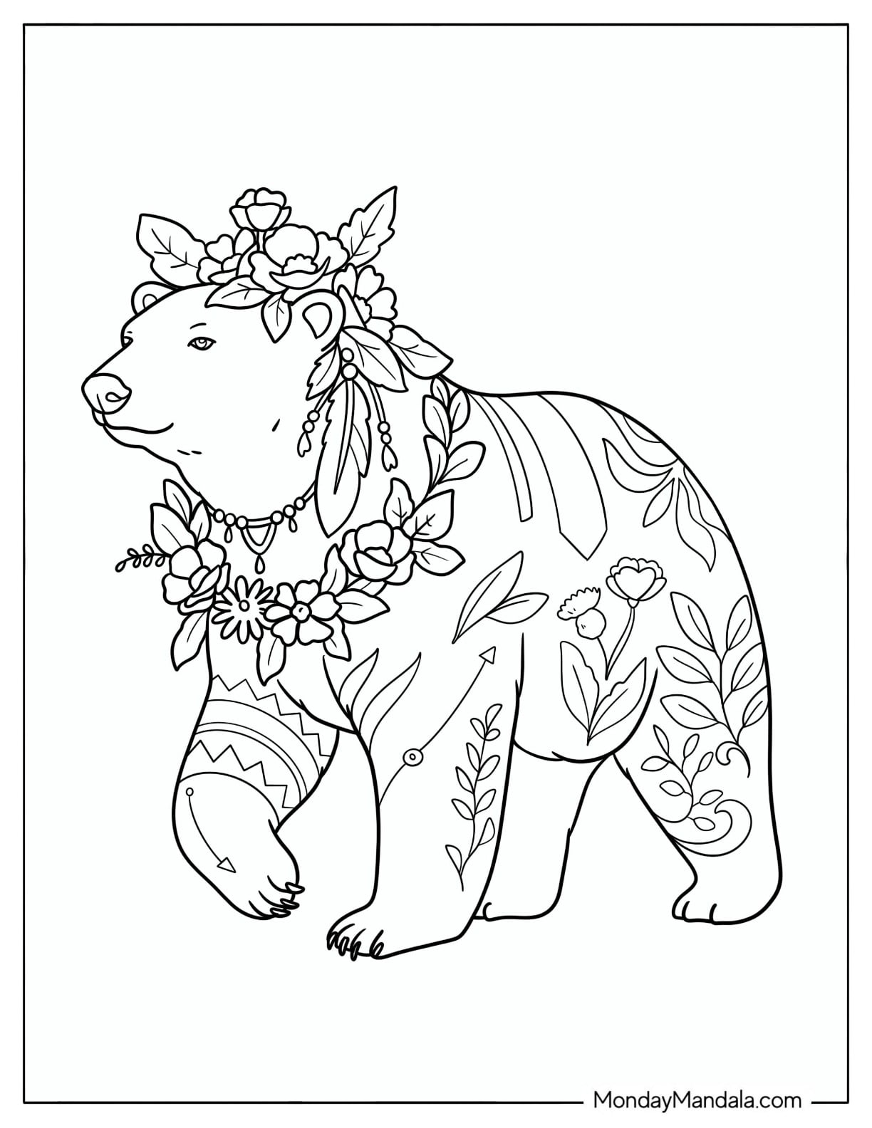 Elegant Polar Bear with Flower Crown and Nature Patterns Coloring Page