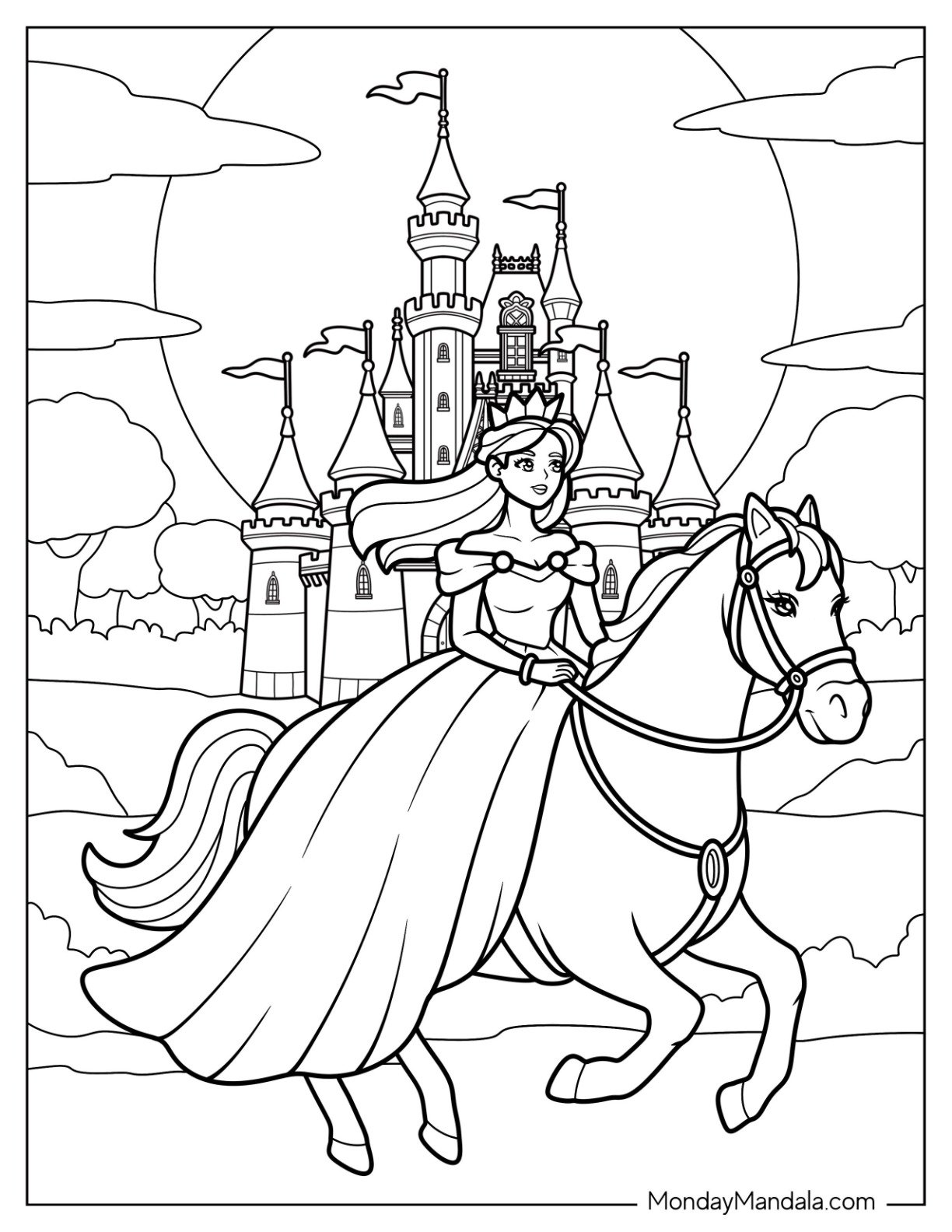 Elegant Princess Coloring Page Riding Horse Past Majestic Castle