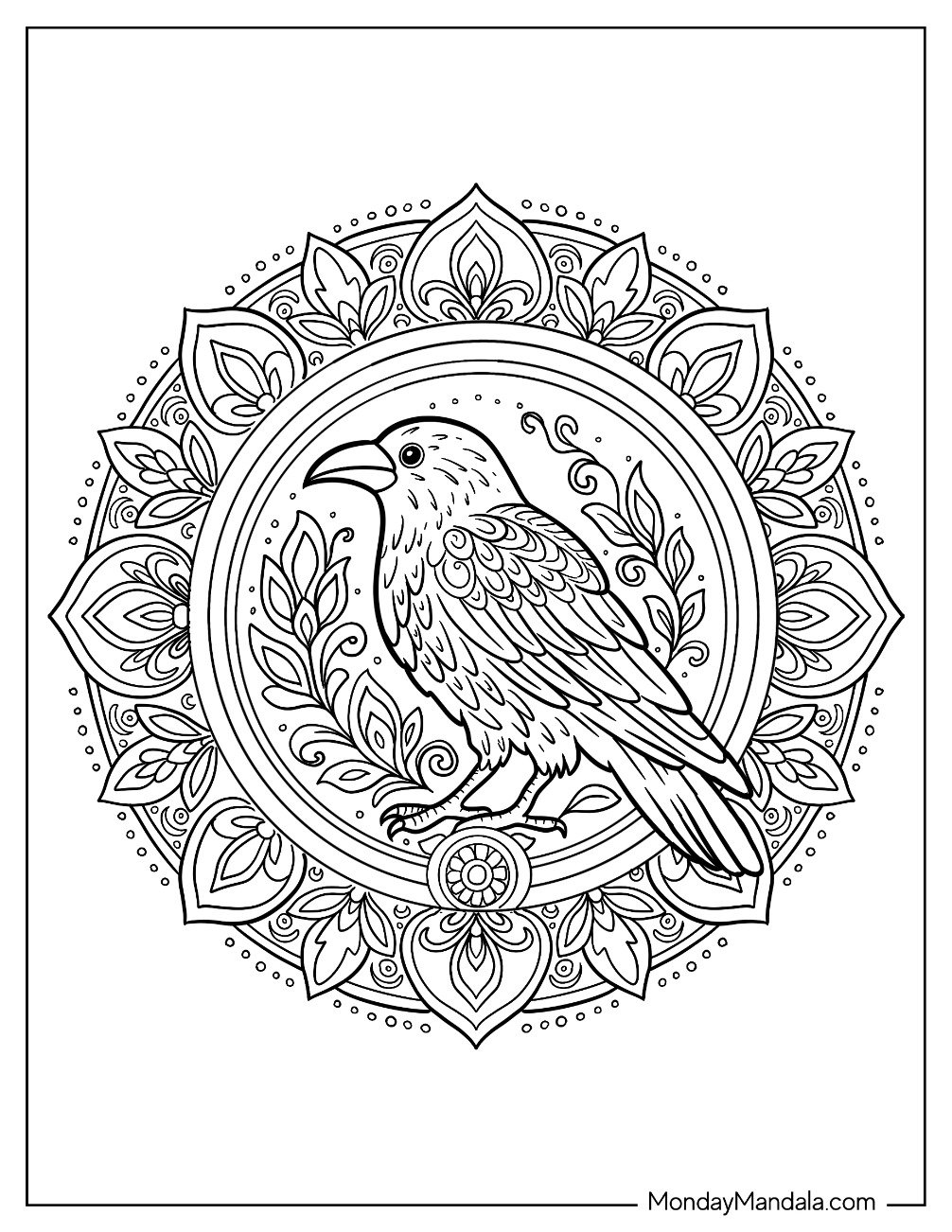 Elegant Raven Coloring Page Mandala With Floral Elements