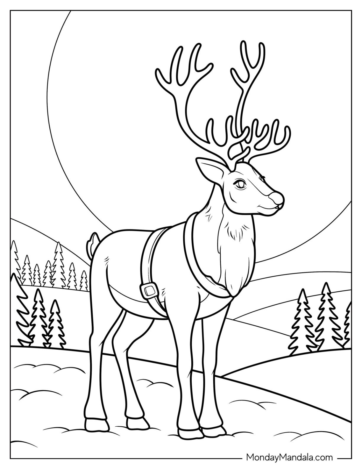 Elegant Reindeer with Harness Standing on a Snowy Hill at Night Coloring Page
