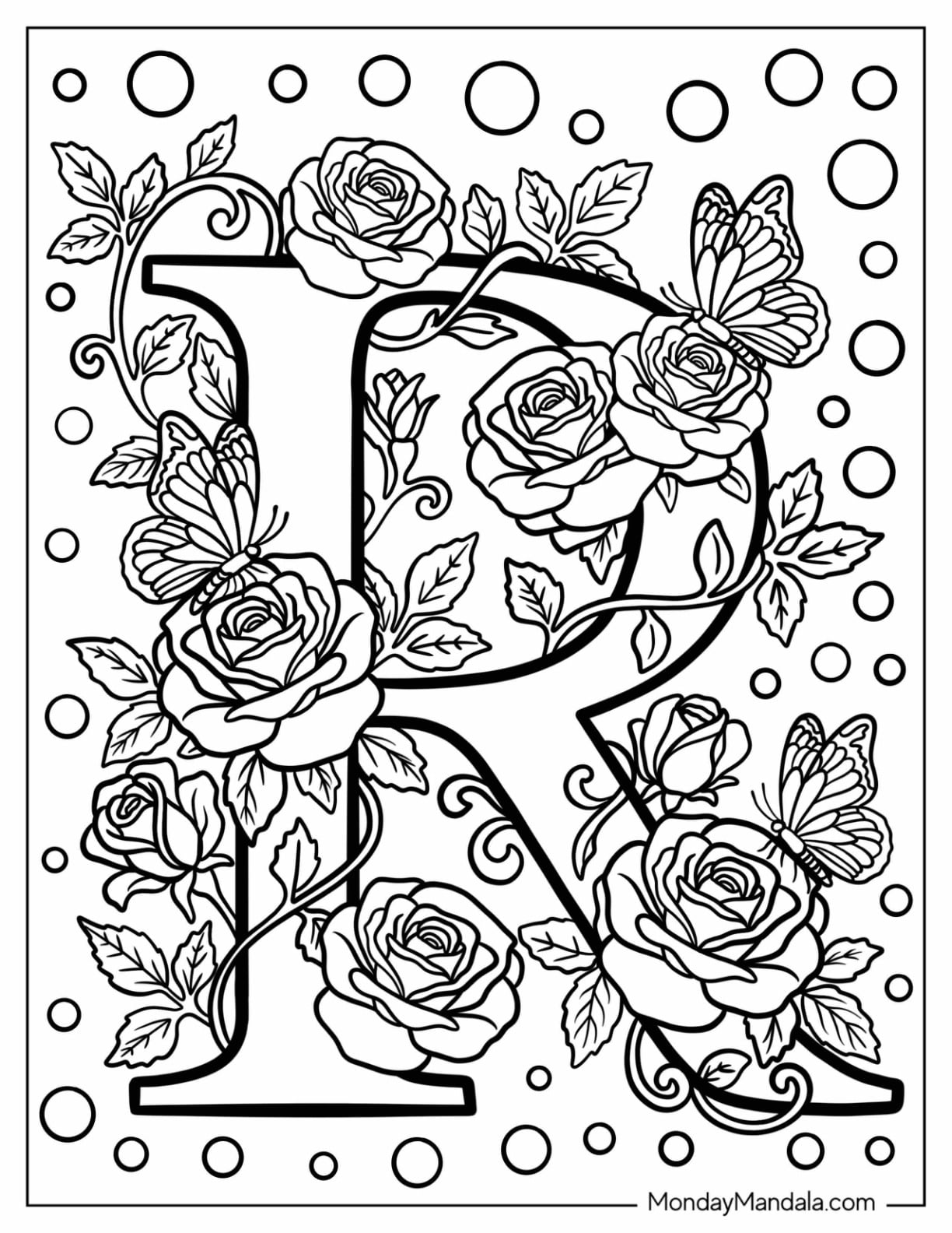 Elegant Serif Big Letter R Coloring Page Covered in Roses
