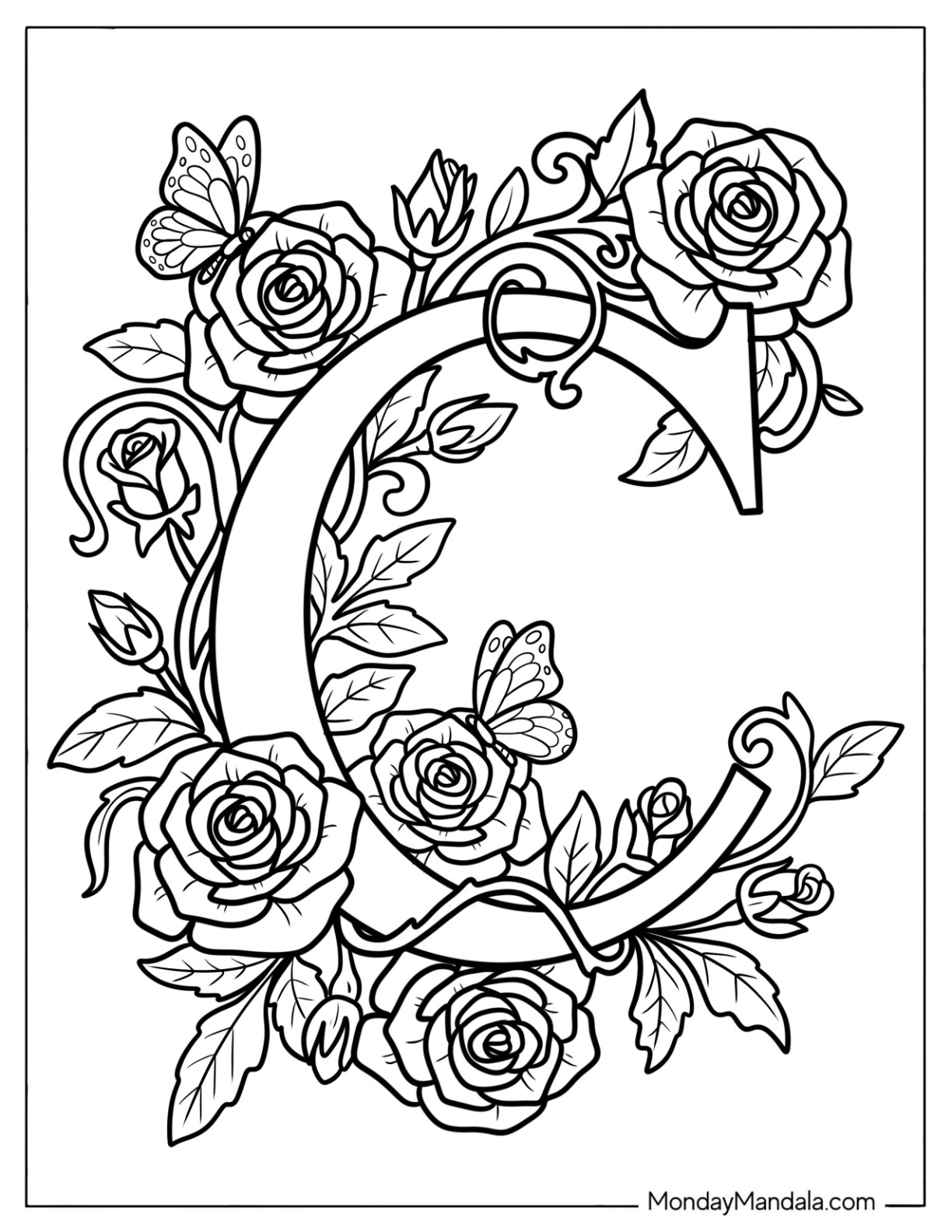 Letter C Coloring Page of Elegant Serif C with Roses and Butterflies