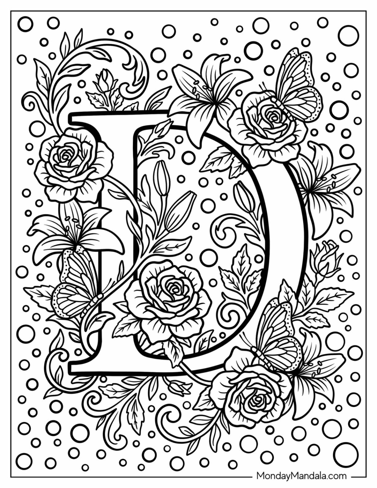 Elegant Serif Letter D Coloring Page with Flowers and Butterflies