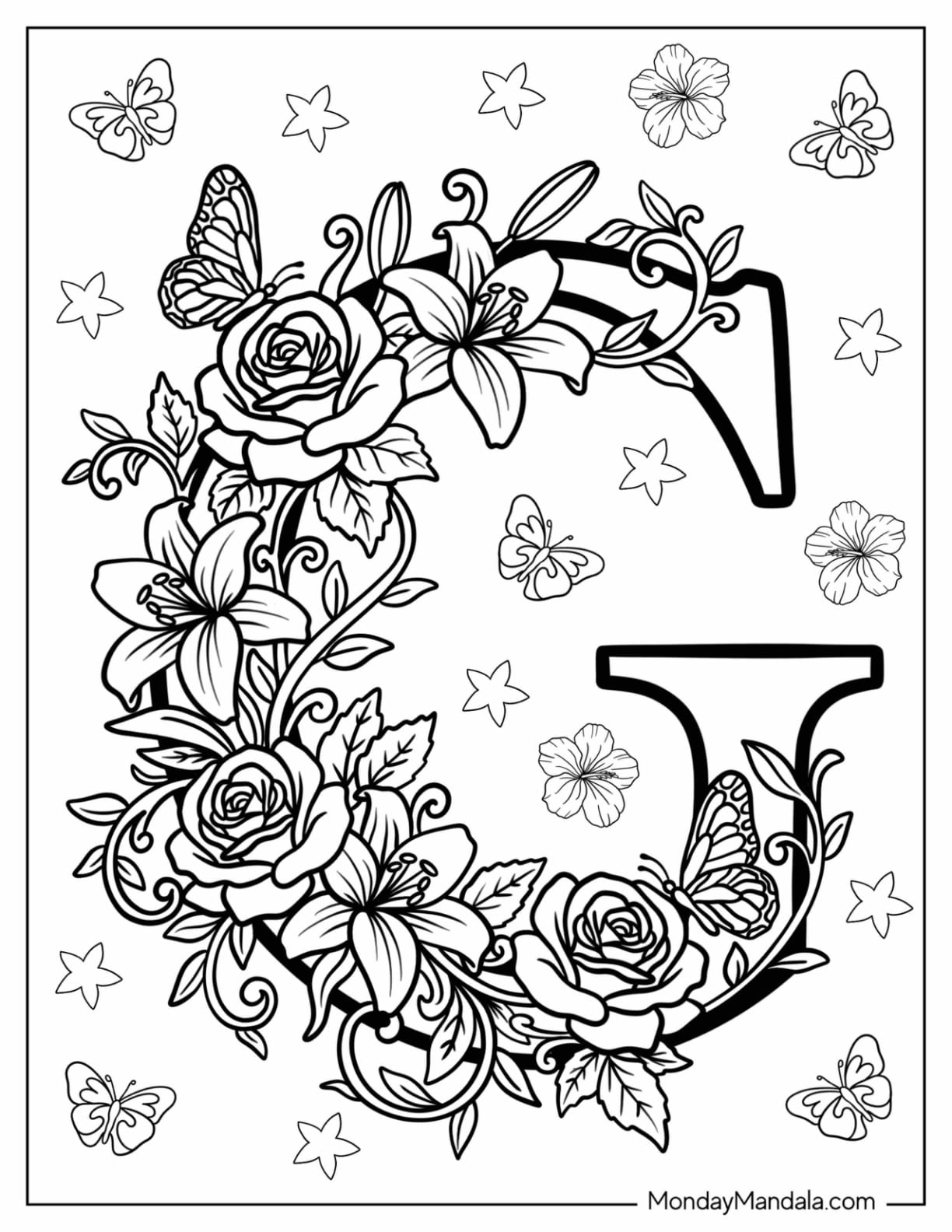 Elegant Serif Letter G Coloring Page Covered i Flowers and Butterflies