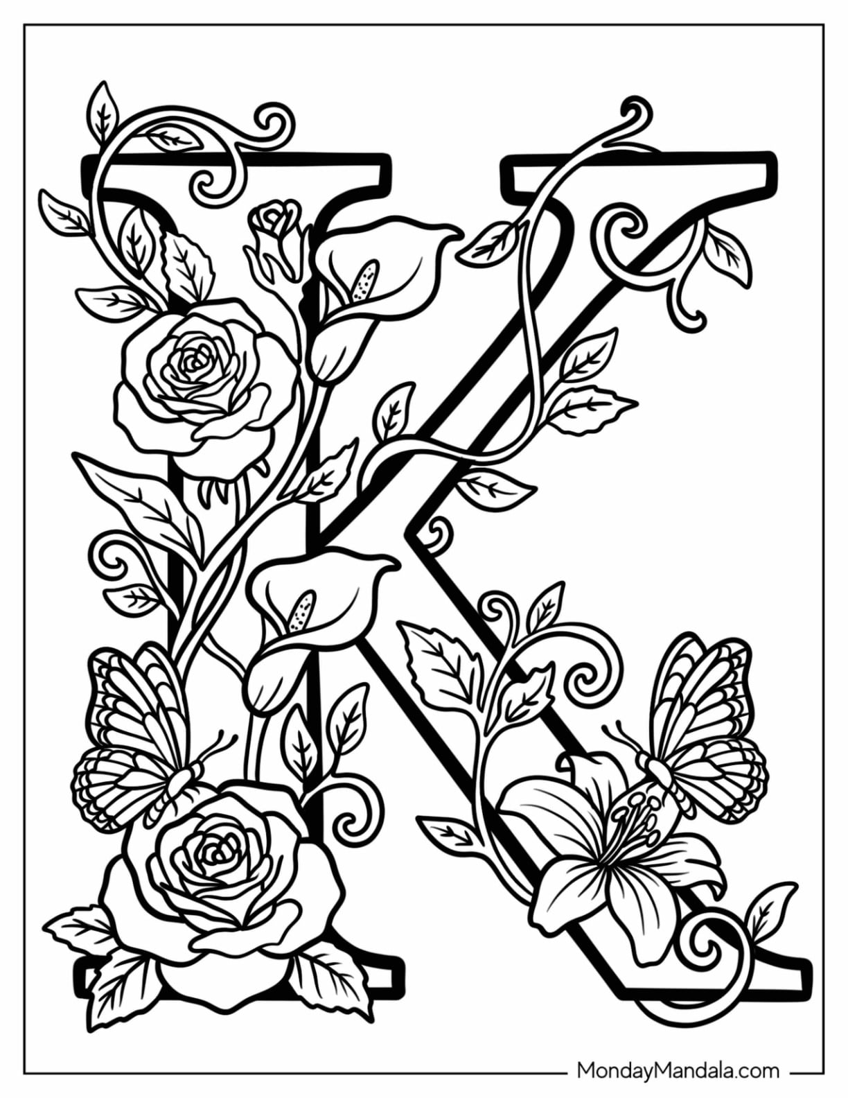 Elegant Serif Letter K Coloring Page Covered in Vines and Roses