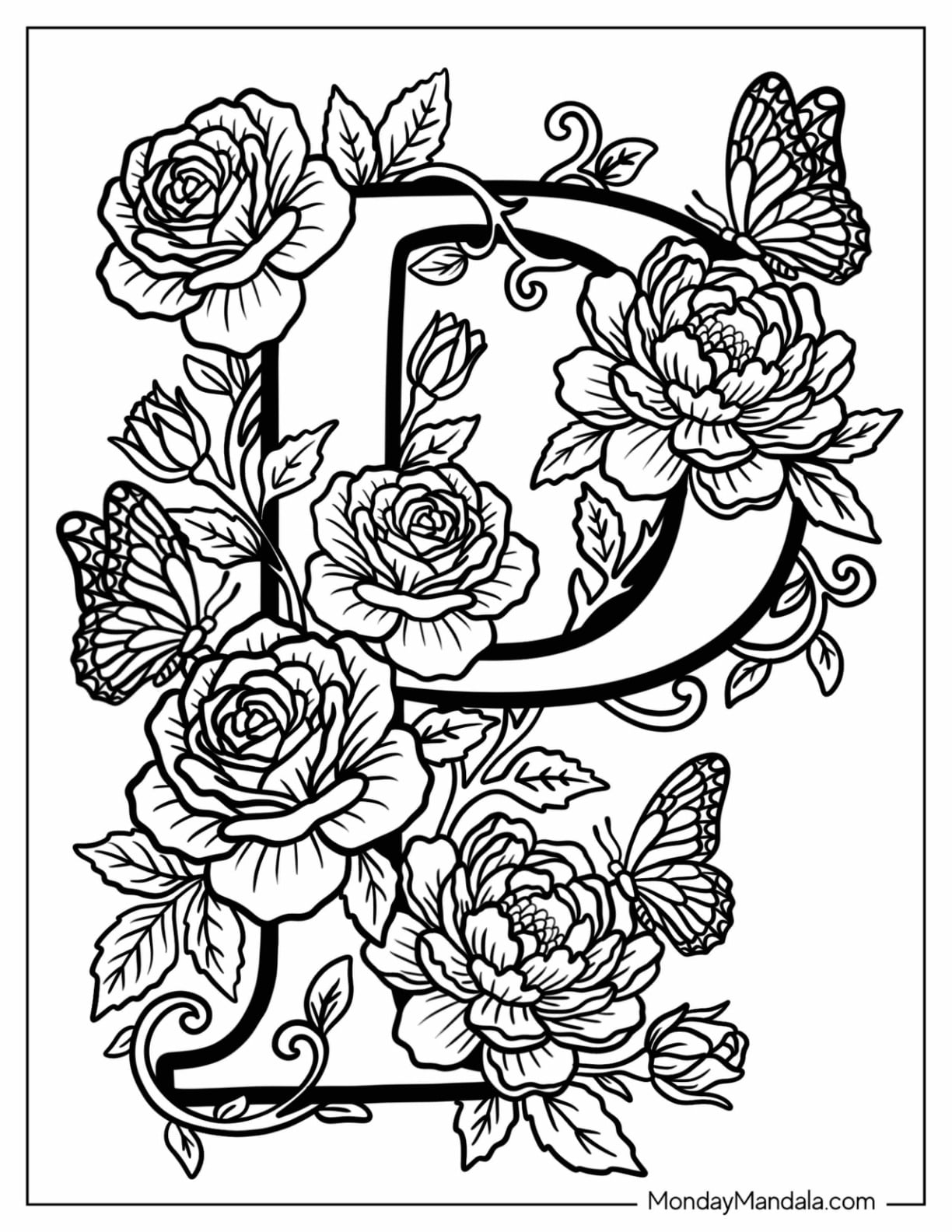 Elegant Serif Letter P Coloring Page Covered with Roses