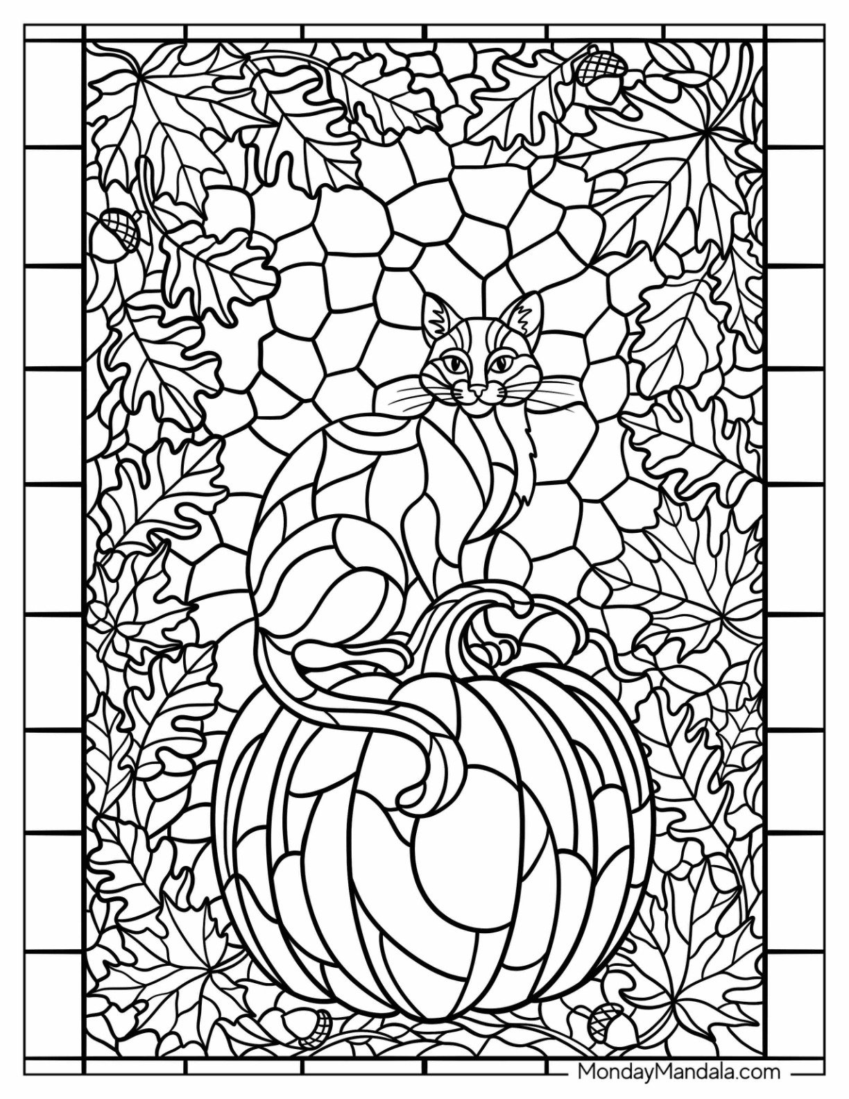 Autumn & Fall Coloring Page for Adults of Elegant Stained Glass of Cat Sitting on a Large Pumpkin