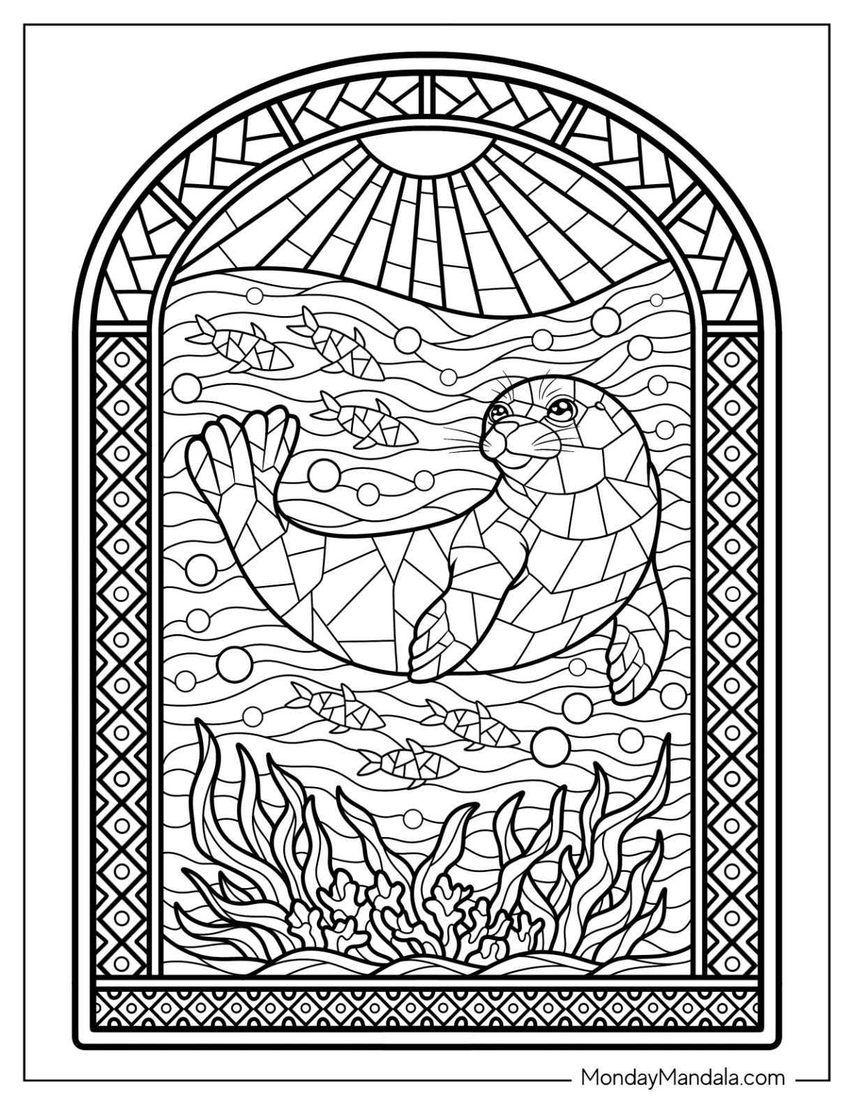 Elegant Stained Glass of a Seal Coloring Page Underwater