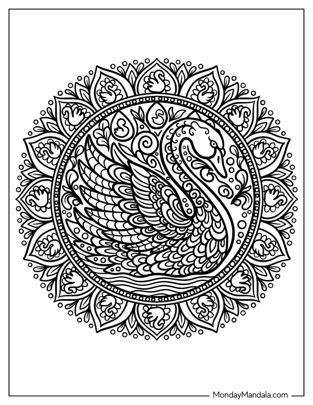 Elegant Swan Coloring Page Mandala with Flower Petal Patterns